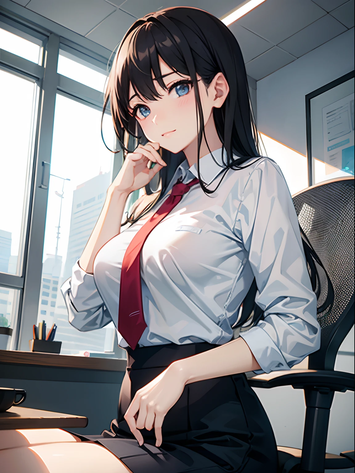 work of art, best qualityer, highest quallity, Perfect Anatomia, high resolution, ultra-detailed, 8 k wallpaper, texture, detail, unique, hdr, extremely detailed CG, Azuma Hisato, 1 girl, standing alone, whole body, standing, hypdertailed, maroon_body hair, bangss, maroon_eyeballs, 20 year, mature woman, gazing at viewer, ssmile, obscene face, (comely,big fit ass_breastsout:1.4), (comely_face:1.5),(narrow_waist), office clothes, Office uniform