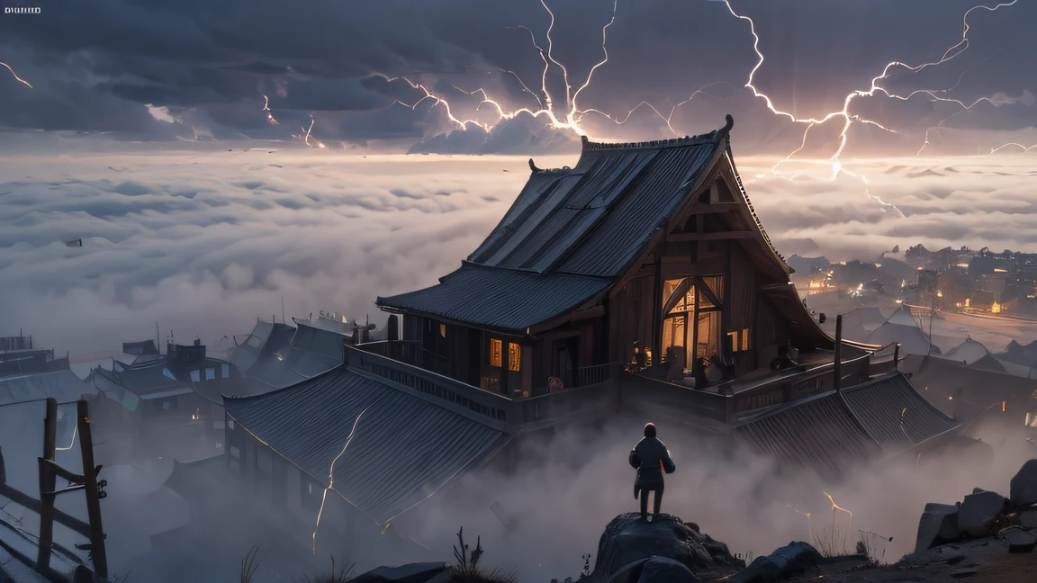 facing away from the audience(Doomsday ruins)Stand on the roof and look into the distance, 16384k film, Shot on Sony A 7 III, 36864k film, movie still 8 k, 8 k film still, shot with canon eoa 6 d mark ii, Still from the movie, wide film still, cinematic Film still from, the roof(tmasterpiece,k hd,hyper HD,32K)32K(tmasterpiece,k hd,hyper HD,32K)the roof,Roof roof, Full Body Male Mage 32K(tmasterpiece,k hd,hyper HD,32K)Long flowing black hair,Campsite size,zydink, a color, Dynamic posture(Explosive ruins), (Linen batik scarf), Angry fighting stance, looking at the ground, Batik linen bandana, Chinese gold silk python pattern long-sleeved garment, thick paint(Abstract propylene splash:1.2), Dark clouds lightning background,Flour flies(realisticlying:1.4),Black color hair,Flour fluttering,Background fog, A high resolution, the detail, RAW photogr, Sharp Re, Nikon D850 Film Stock Photo by Jefferies Lee 4 Kodak Portra 400 Camera F1.6 shots, Rich colors, ultra-realistic vivid textures, Dramatic lighting, Unreal Engine Art Station Trend, cinestir 800,(((Male mage))),Mage furious,