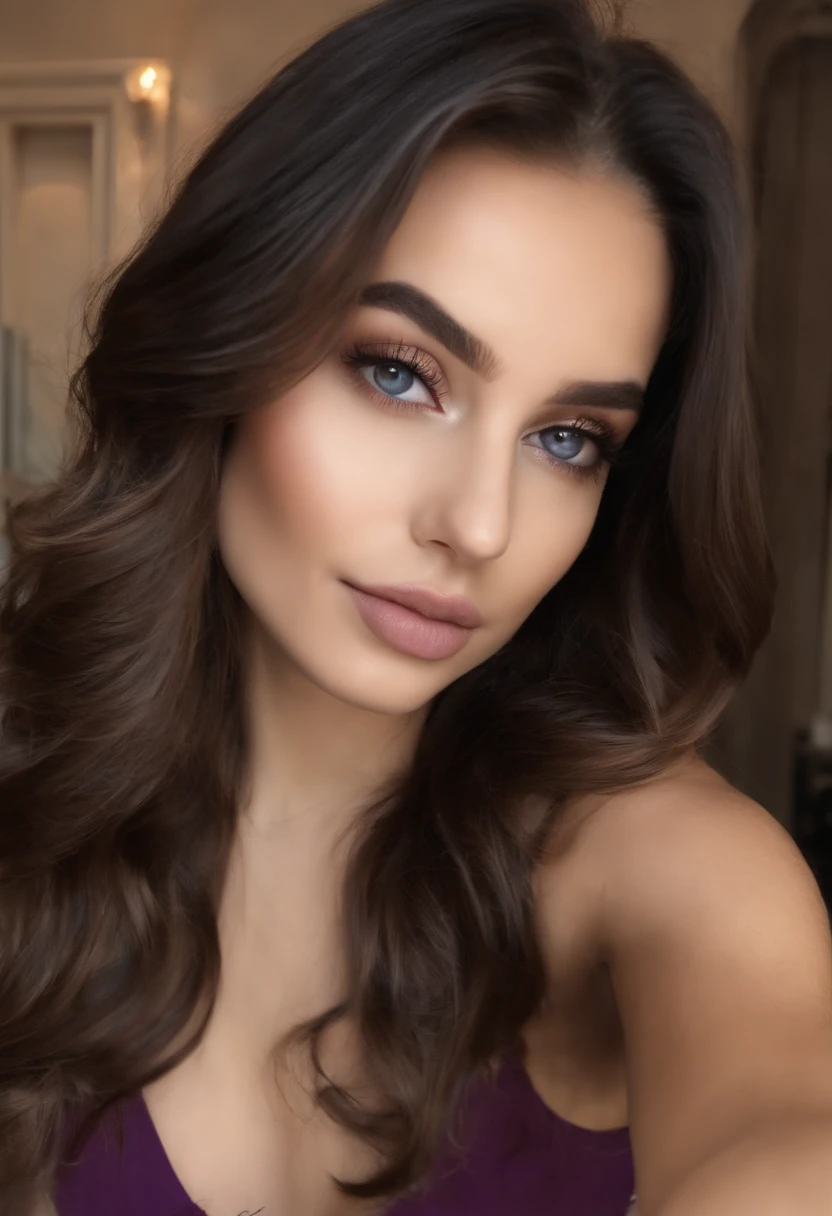 Arafed woman with matching tank top and panties, fille sexy aux yeux bruns, Portrait Sophie Mudd, cheveux bruns et grands yeux, selfie of a young woman, Yeux de chambre, Violet Myers, sans maquillage, maquillage naturel, looking straight at camera, Visage avec Artgram, Maquillage subtil, Superbe photo du corps entier