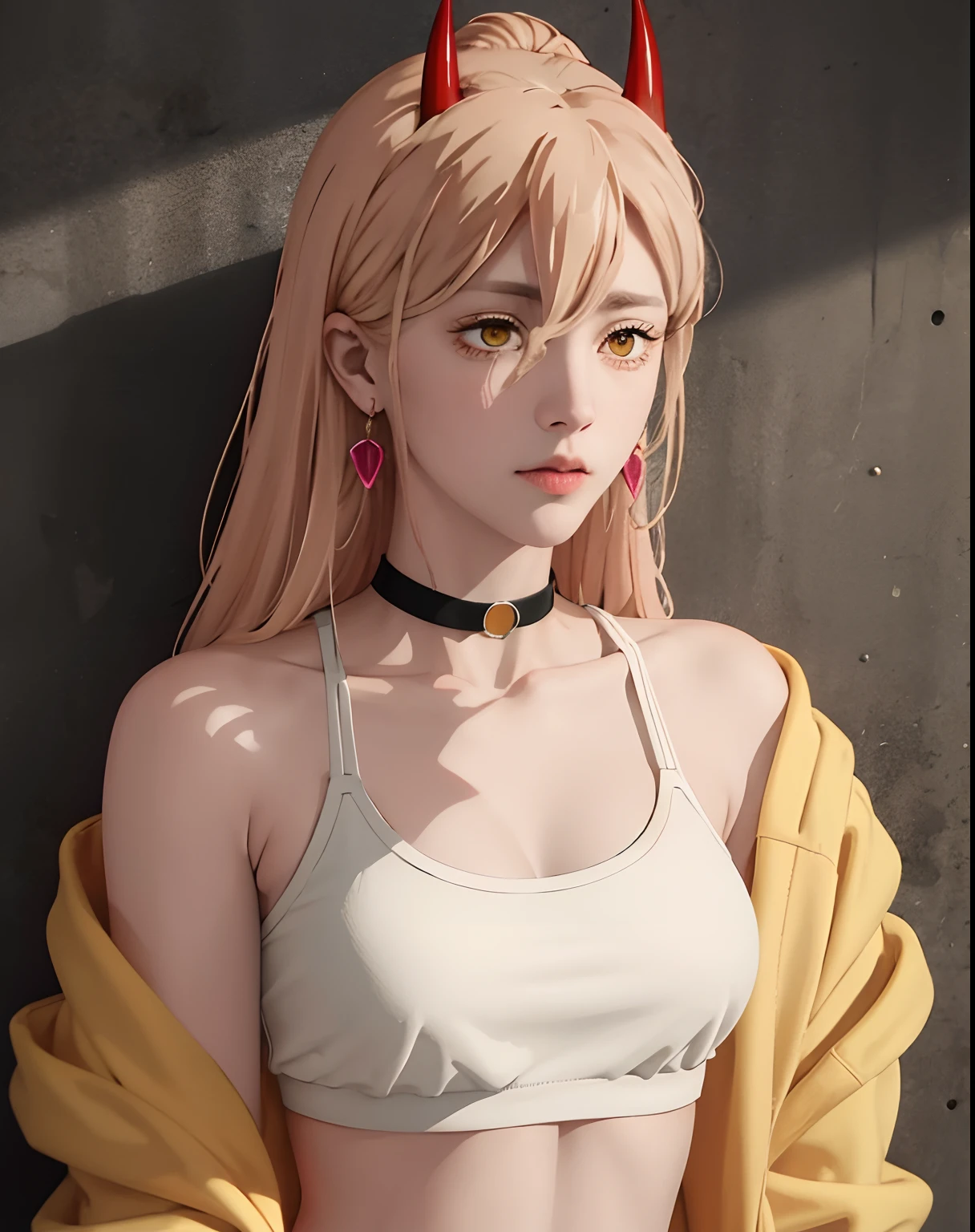 (masterpiece, best quality, 1girl, solo, intricate details, chromatic aberration), realistic, ((medium breath)),long hair, yellow hair, Red horns on the head, pink highlights, hair over one eye, yellow eyes, earrings, sharp eyes, choker, neon shirt, open jacket, crop top, (symmetry eyes),(perfect symmetrical body),against wall, brick wall, graffiti, dim lighting, alley ,look at viewer