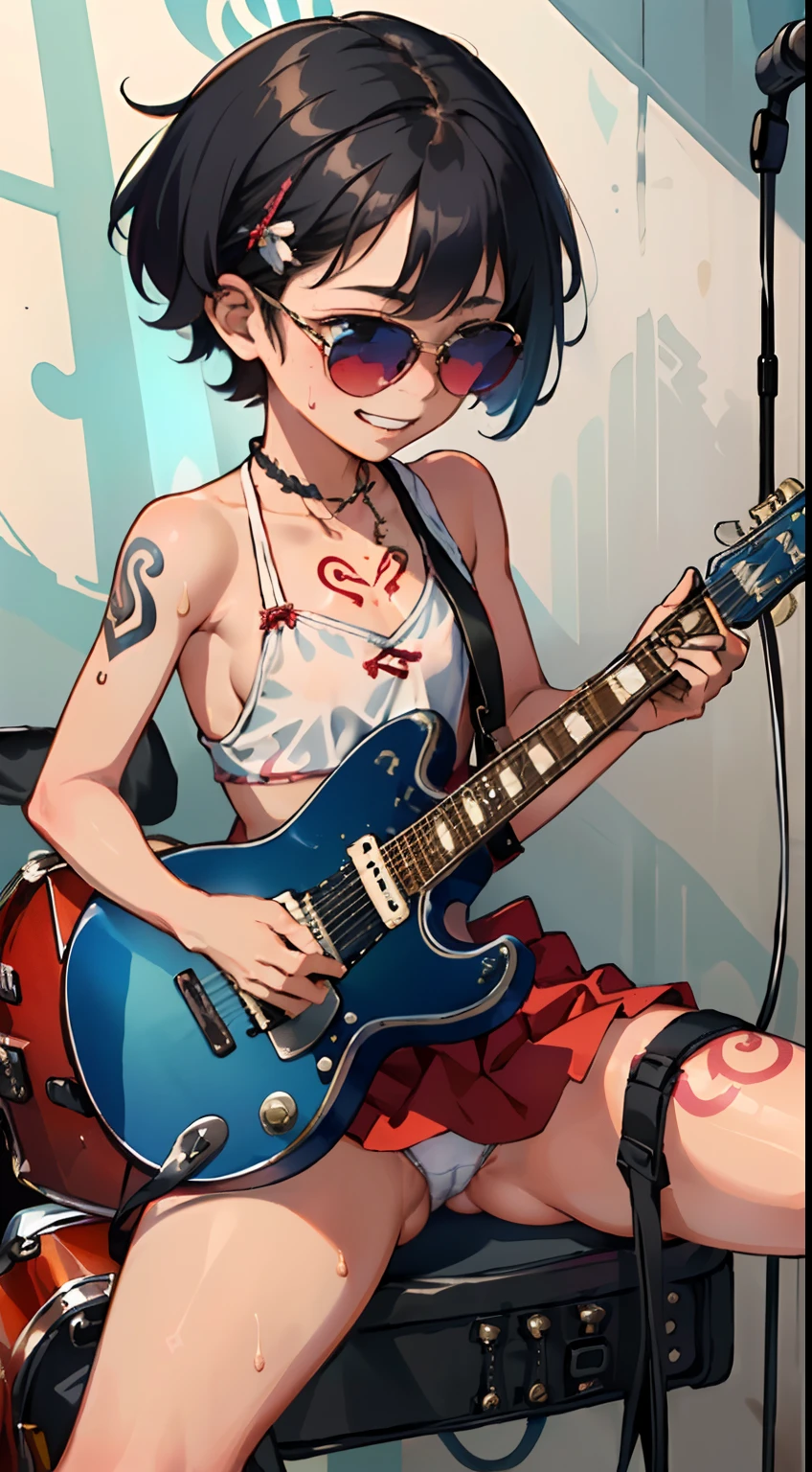 masterpiece, best quality, ultra-detailed, illustration, an extremely delicate and beautiful,high resolution, ultra-detailed,,perfect face,slender perfect body, Tight belly,Toned buttocks,Constricted waist,,(1 girl to band,guitar:1.7), yo,(1girl to colorful hair),(big smile),black sunglasses, (tattoo on thigh:1.3),(1girl to very short hair), shy dashort stature,(rock and roll star:1.3),(small breasts),on a luxurious stage), (band girl),((very wide shot )),( sweaty skin:1.2),(low view:1.5),(spread legs:1.3),show off panties