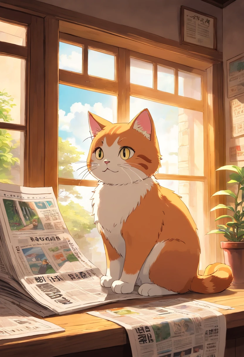 A round-eyed cute cat,Read the newspaper, Sunlight outside the window