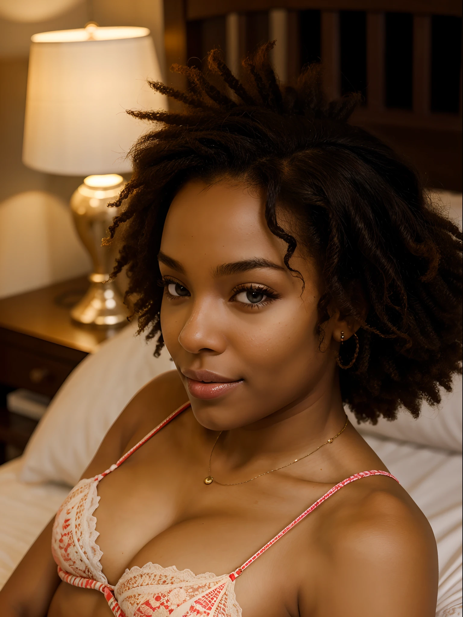 corps entier , beau visage, curly hair,Warm light and clear complexion, afro-american, Detailed, ultra quality, poitrine claire, mignonne, adorable, string rouge coucher dans le lit