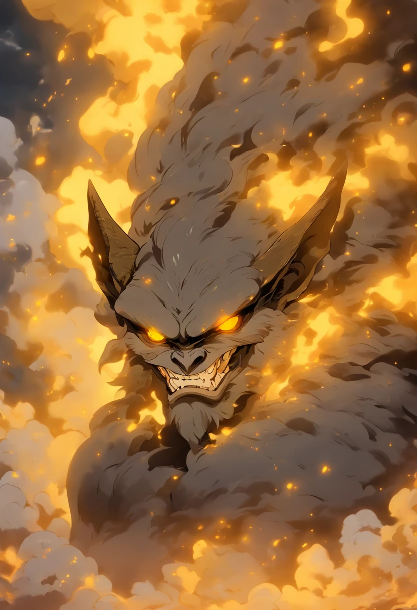 Gargoyle, ash grey with a dark grey beard, glowing gold eyes, surrounded and engulfed and part yellow cloud, best quality, masterpiece