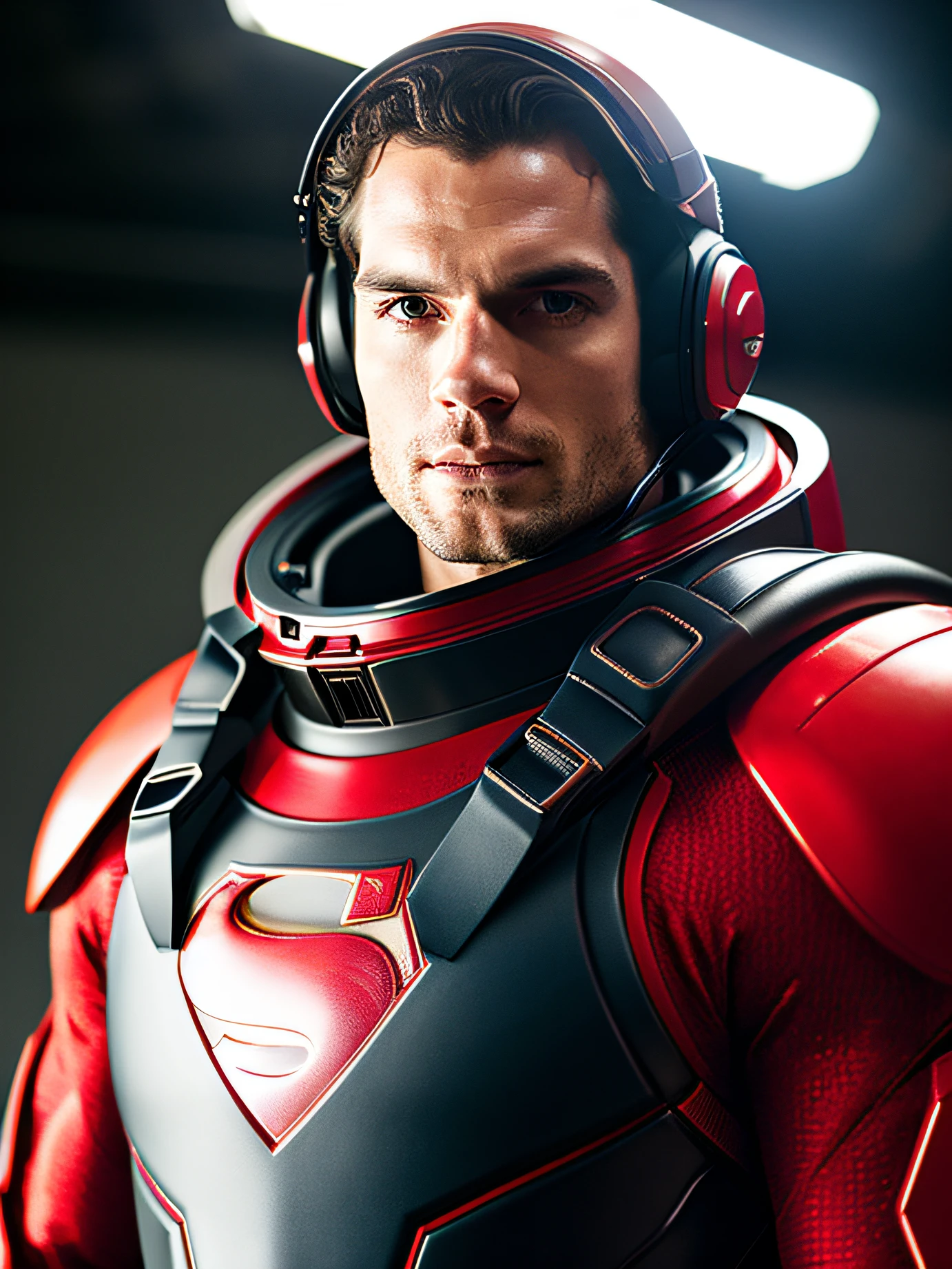 professional model shoot photo, Henry Cavill (highly detailed:1.1),figure jacket ,helmet glowing Red, neon-ground-astronaut sci-fi style, dynamic lighting, atmosphere lighting, perfect eyes, sharp focus, 8k high definition, insanely detailed, intricate, front face