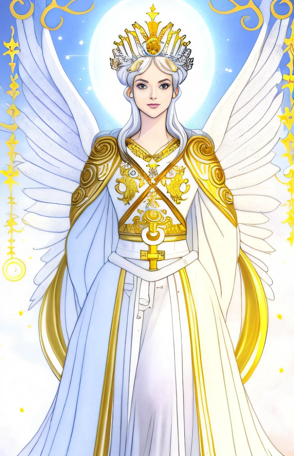 Delicate facial features，Cash is abundant。a drawing，One in a white dress，Woman with a crown on her head, Anime goddess, ((a beautiful fantasy empress)), full - body majestic angel, cleric, Goddess. Extremely high detail, pretty female cleric, a beautiful fantasy empress, official character art, extremely detailed goddess shot, Intricate white and gold armor, Goddess of Light, venus godness athena