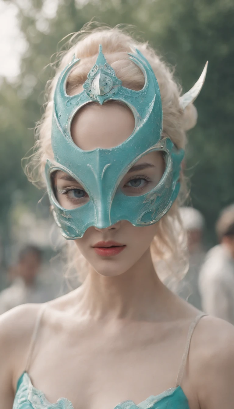 offcial art, Unity 8k壁纸, ultra-detailliert, Beautiful and aesthetic, Beautiful, ​masterpiece, top-quality, raw, super thin photo, 超A high resolution, Photorealista, sunlights, portrait of a full body, unbelievably beautiful, dynamicposes, delicated face, vibrant eyes, (from side view), Person wearing bizarre futuristic mask and extravagant retro fashion outfit々with  the、There are men and women in old ornaments with alien makeup and mechanical pets in the town, 1960s science fiction film by Wes Anderson, PastelColors, Rosa, blue and green, natural soft light, Psychedelia, Strange Futurism, foco nítido, intrinsic, Fuji 55mm Film, ighly detailed, 详细的脸, Detailed complex background occupied, Messy, Beautiful fece, milky, highlydetailed skin, Realistic skin details, Visible Pore, foco nítido, Volumetric mist, 8K UHD, dslr camera, hightquality, Cinematograph granularity, rendered, Lomography, Expanding metropolis in retro-futuristic dystopia, view from below, semi transparent