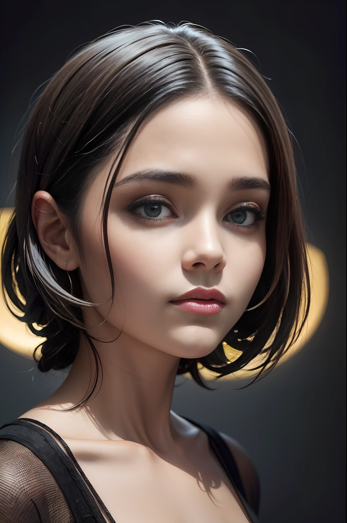 (foto RAW, melhor qualidade), (realista, foto realista: 1.2), Uma garota , alta qualidade, (pele altamente detalhada: 1.4), olhos verdes , cabelo lindo, (quarto escuro: 1.3), (Rim lighting: 1.3) , (pouco iluminado:1.3), (noite escura:1.3), dentro de casa, retrato, cabelo preto, fundo escuro, cabelo curto,8k