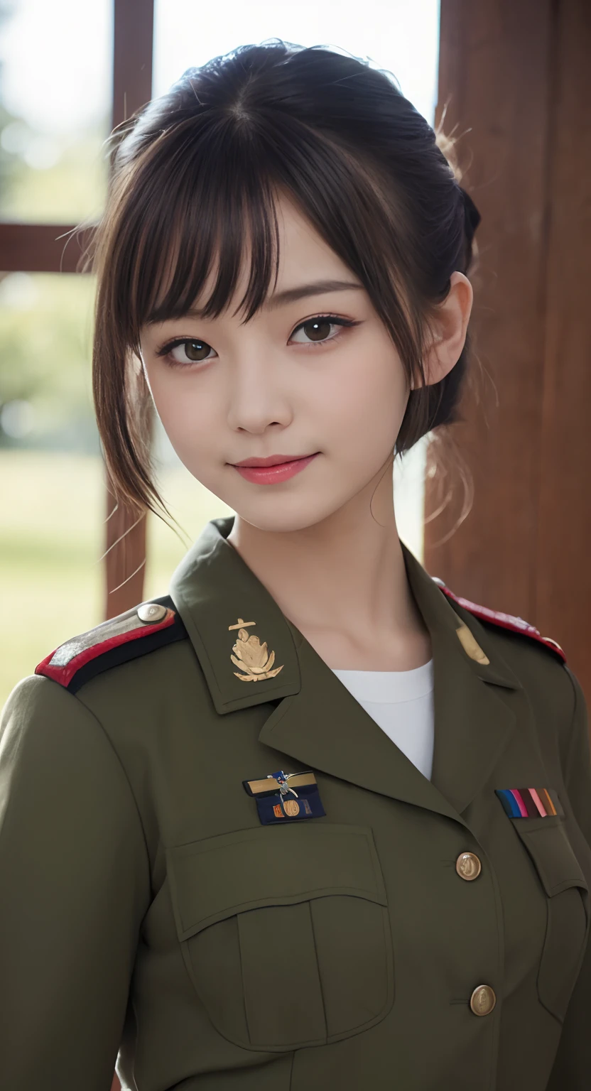 Very detailed CG unity 8K wallpaper，（tmasterpiece），（best qualtiy），（ultra - detailed），（Ultra photo realsisim），（best character detail：1.36），Nikon D750 f / 1.4 55mm，profesional lighting， physically-based renderingt, 1girll, Female soldier，army suit，Dark green military uniform，Fabric texture military uniform，Pure white lining，Dark green tie，bucket-hat，Black hair，the golden ratio,[:(com rosto detalhado:1.2):0.2]:，PureErosFace_V1, broad shoulder,(Bigchest:1.5),red flags，In the square，Splendid scenery，bright sun，RAW photogr，photore，（Face front，closeup portrait，The upper part of the body），Place your hands on your chest， Flag of China，Night Street，lighting，Contre-Jour，Bright smile，White teeth，