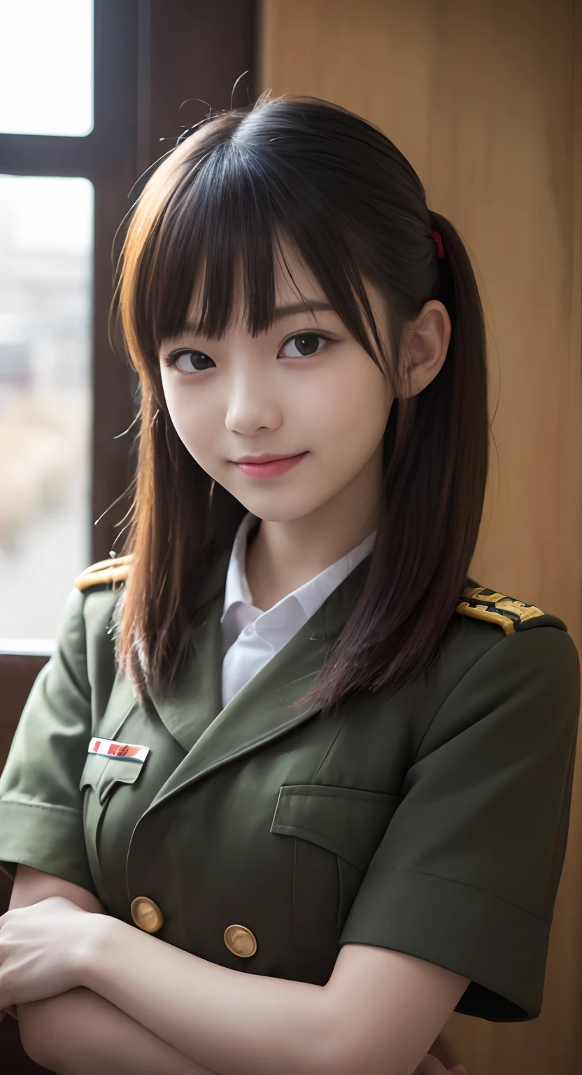 (top-quality、​masterpiece:1.2)、Best Quality、realisitic、photoshot、hight resolution、1080p、8K、Textured skin、Physical Rendering、1 Japan 、girl with、High school students、kawaii、Young Face、Farbe々Hairstyle、(military outfits:1.5)、troop、Cone、full of shyness、smil、Big