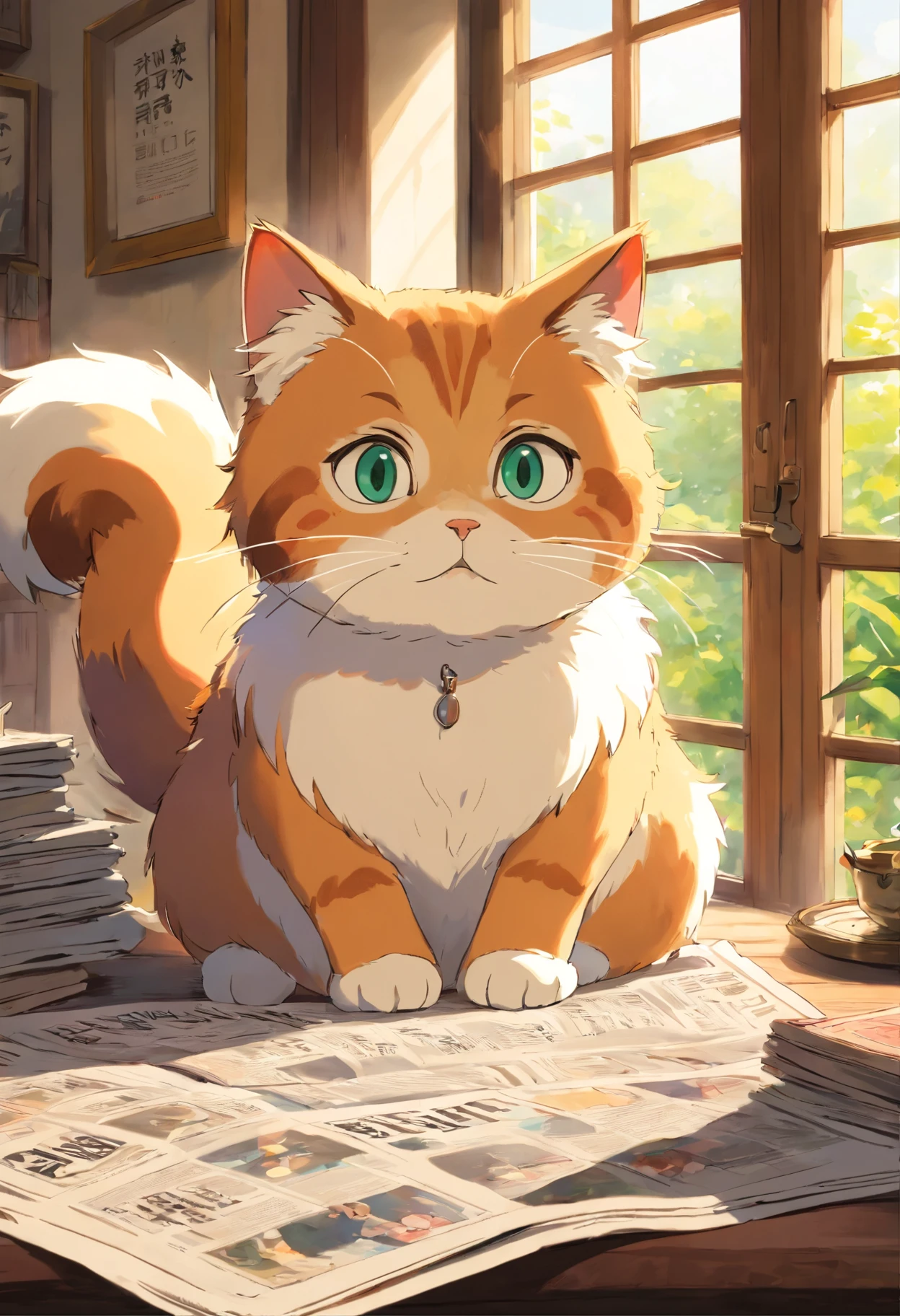 A round-eyed cute cat,Read the newspaper, Sunlight outside the window