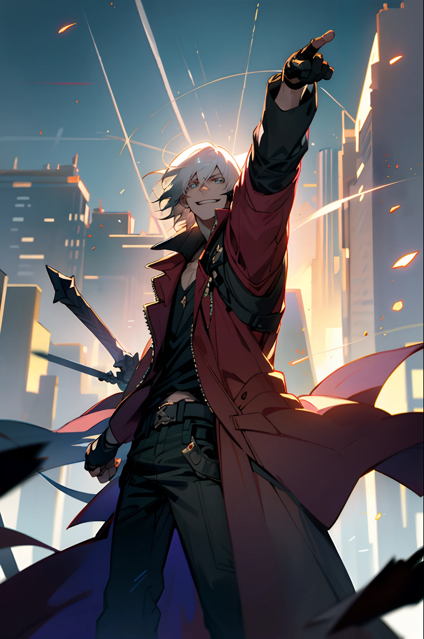 masterpiece, best quality, 1boy, dante, white hair, open clothes, coat, fingerless gloves, belt, city, detailed eyes, destroyed buildings,  destruction,  (night:1.4), smiling, natural light,war, angry eyes, looking ahead, male focus, muscles, movie composition, deth of field, bokeh  (demons on the background:1.2) , (sword:1.2),  fighting pose, explosions, upper,