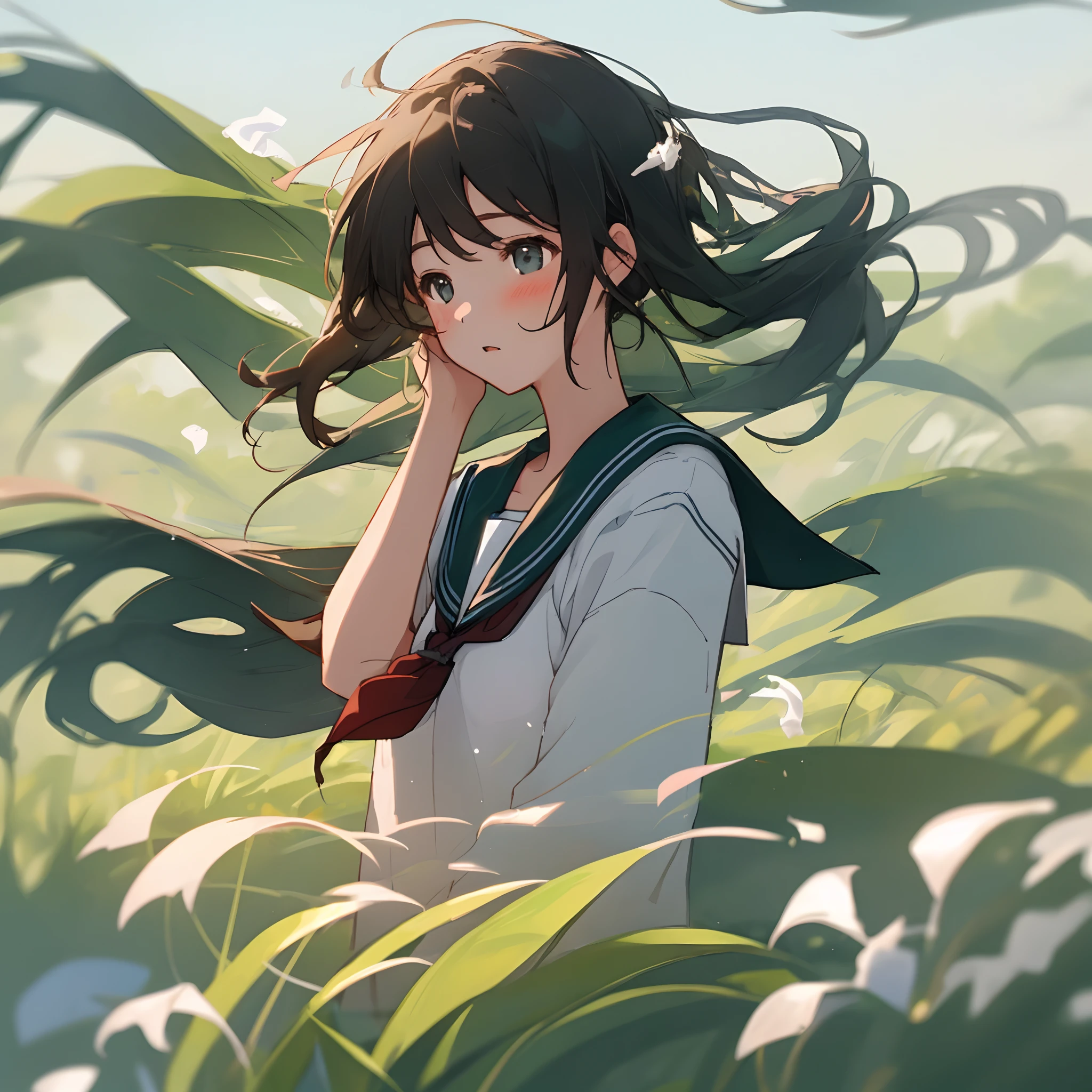girl,Quiet,School style,WeChat,A gentle breeze ruffles through your hair,