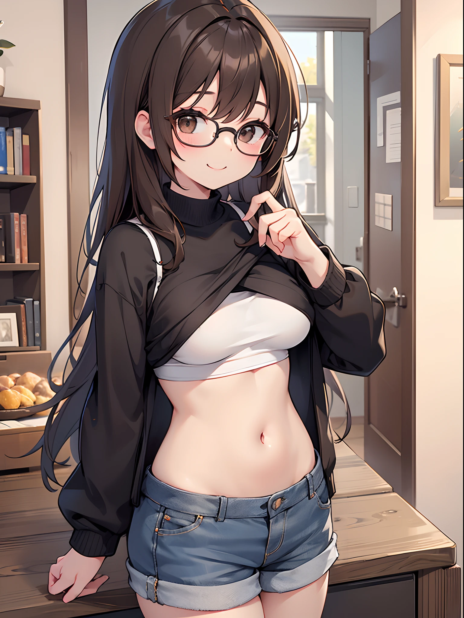 masterpiece, best quality, highres, aachizuru, long hair, twin braids, twintails, glasses, collarbone, black shirt, long sleeves, pants, jeans, standing, cowboy shot, my room,(nsfw:1.3)