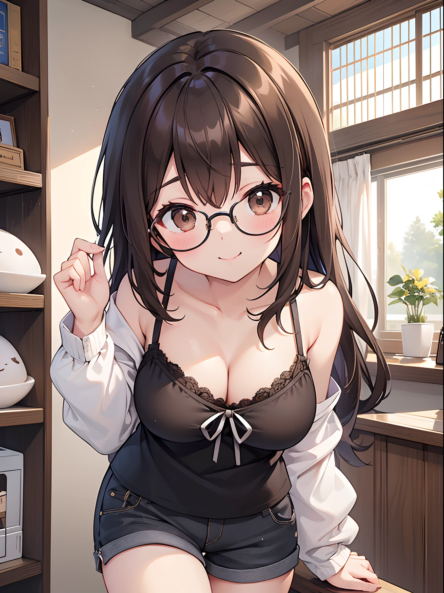 1 female、brown haired、Brown eyes、Black-rimmed glasses、seductive boobs、gorgeous faces、Perfect body。Best Quality、ultra-detailliert、8K resolution、Raw photo、masutepiece。a smile。camisole、shortpants。