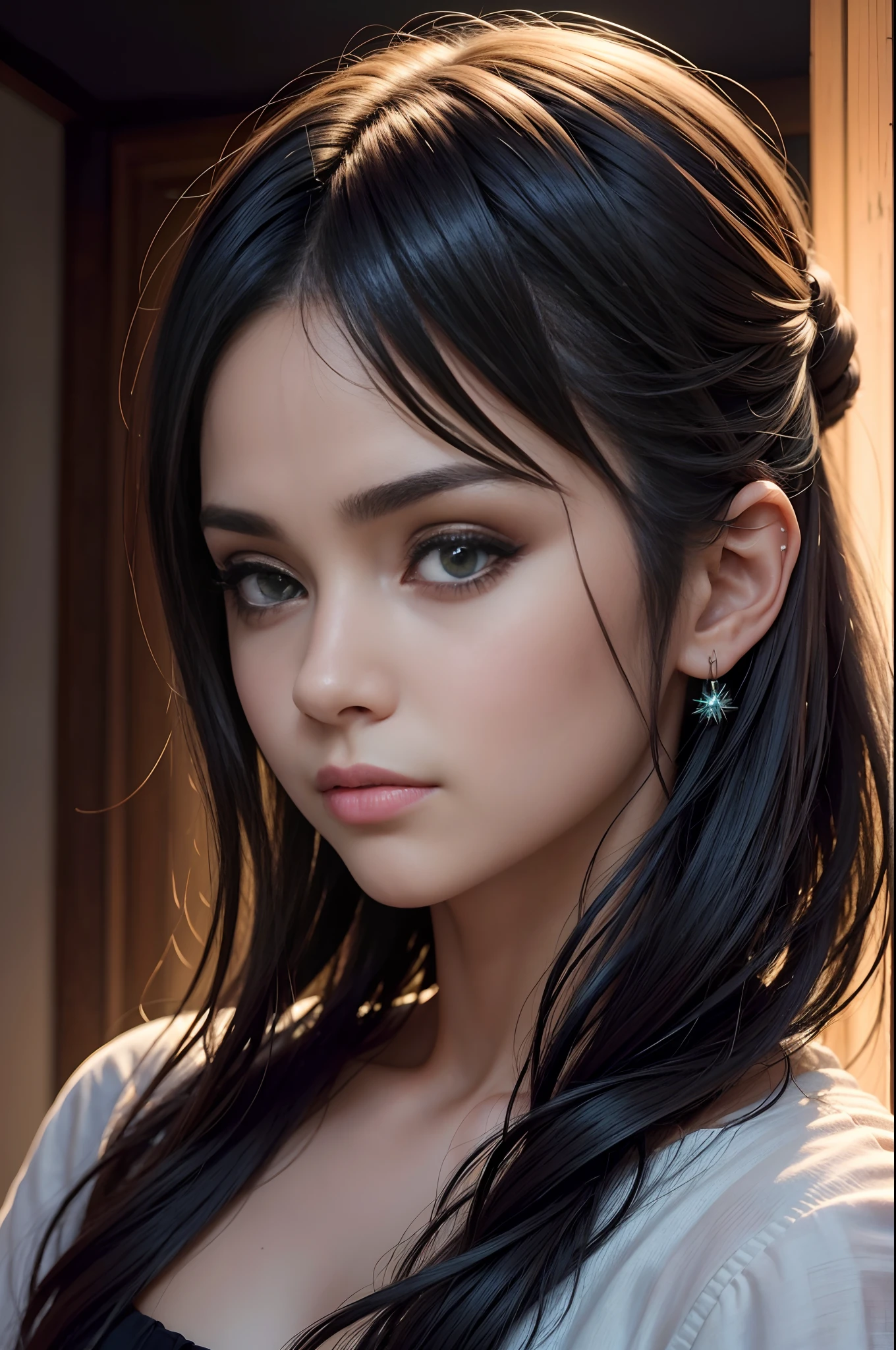 (foto RAW, melhor qualidade), (realista, foto realista: 1.2), Uma garota , alta qualidade, (pele altamente detalhada: 1.4), olhos verdes , cabelo lindo, (quarto escuro: 1.3), (Rim lighting: 1.3) , (pouco iluminado:1.3), (noite escura:1.3), dentro de casa, retrato, cabelo preto, fundo escuro, cabelo curto,8k