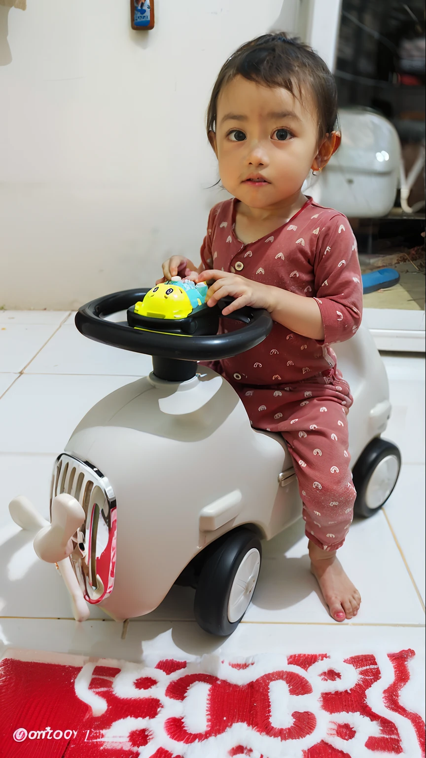 there is a small child sitting on a toy car with a ball, driving in a little toy car, sitting in her car, taken with sony alpha 9, speeder, toddler, 🤬 🤮 💕 🎀, chibi, driving a car, trying to ride it, kids toy, one car, really trying to ride it, shot with iphone 1 0, cute toy