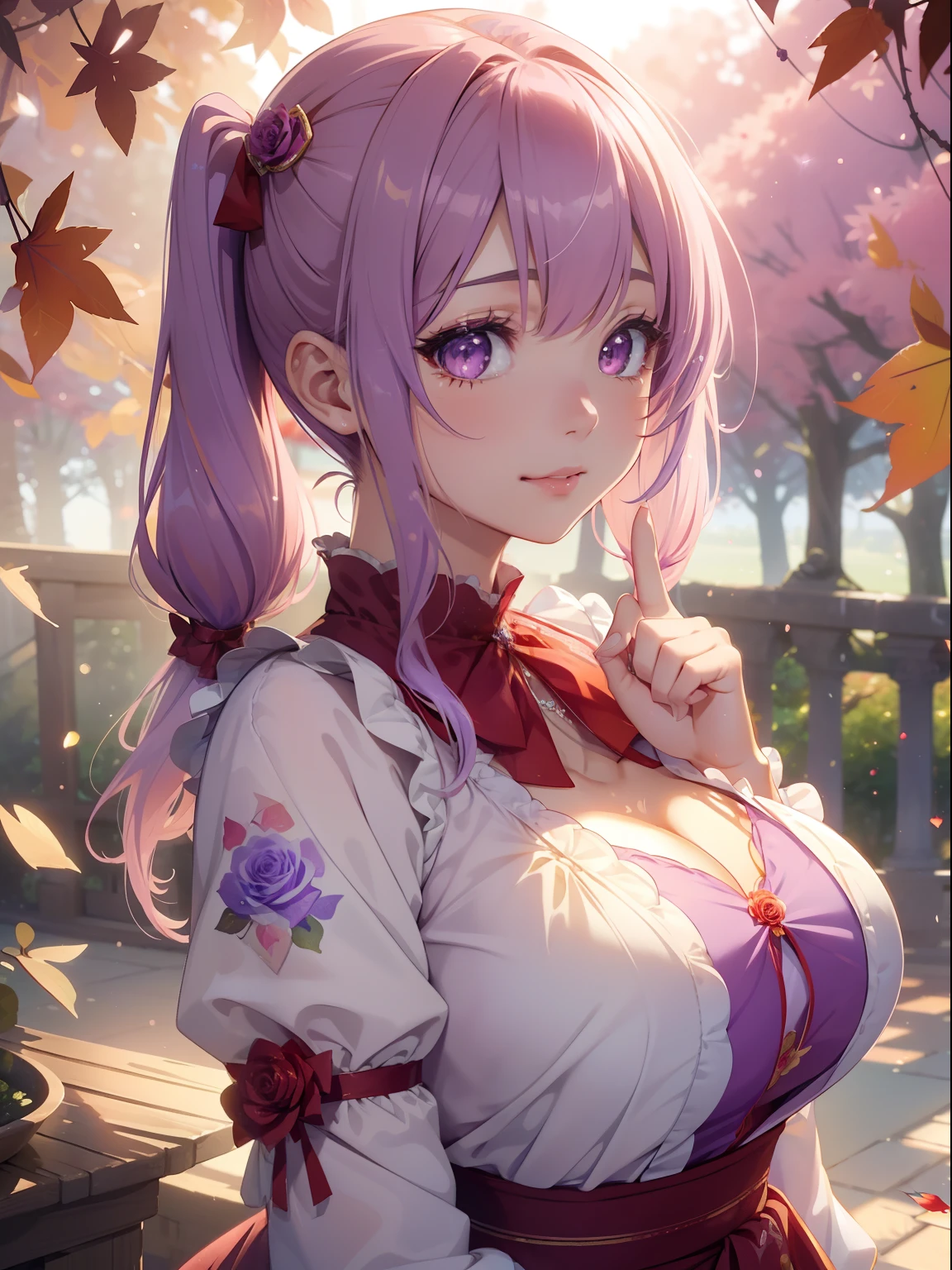 masutepiece, High resolution, 8K, anime woman, Delicate and detailed writing 、Detailed digital illustration、(((Straight pigtail)))、Shiny hair、Bangs、a very beautiful woman、Eyes are double, Large, (((Bust is an A cup)))、High image quality, High quality、Detailed background、The inside of the eye shines like a diamond、Light purple hair、Gradient pupil、(((2 arms、4 fingers, 1 thumb)))、Detailed female face、Very beautiful and cute woman、、细致背景、​masterpiece、Soft Focus , Bright gradient watercolor , Lens Flare , (((Glitter))) , Glow , Dreamy , Light Purple Ribbon、(((Very Beautiful Light Purple Rose Hair Accessories)))、Big smile、(((Clothes printed with red leaves)))、Beautiful fantastic night background、red leaves、ginkgo biloba