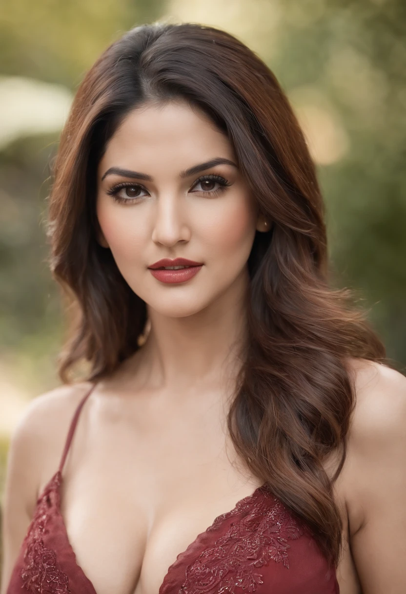 Indian Hot girl Sunny Leone in , realistic Face, Realistic Photo, Blur Background, Hot  sunny leone, detailed face, detail Body, red hot lips, hot Face , brown hair, red , hot  ,  sunny leone
