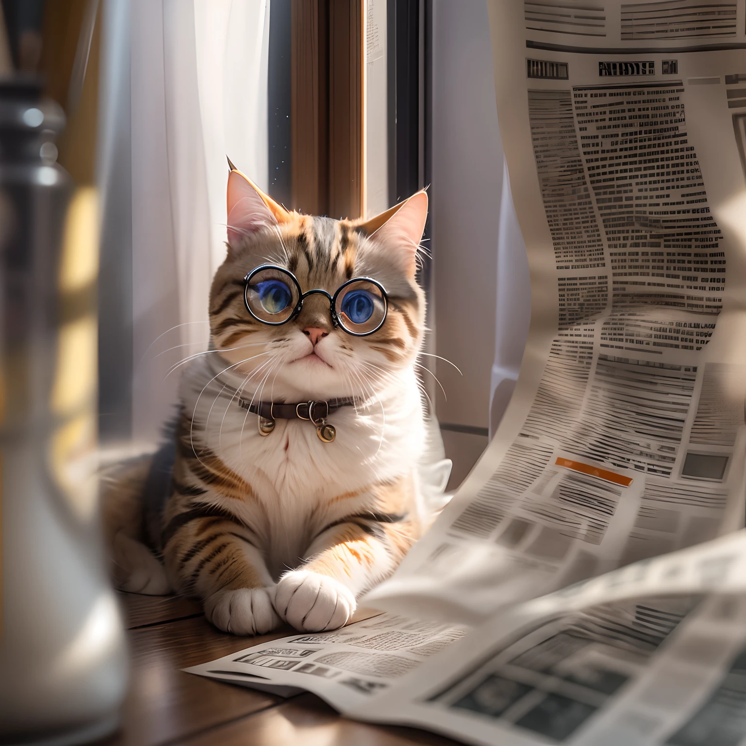 A round-eyed cute cat with glasses,Read the newspaper, Sunlight outside the window