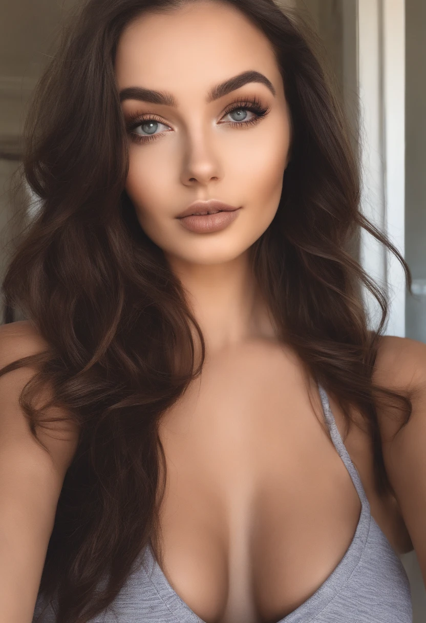 Arafed woman with matching tank top and panties, fille sexy aux yeux bruns, Portrait Sophie Mudd, cheveux bruns et grands yeux, selfie of a young woman, Yeux de chambre, Violet Myers, sans maquillage, maquillage naturel, looking straight at camera, Visage avec Artgram, Maquillage subtil, Superbe photo du corps entier