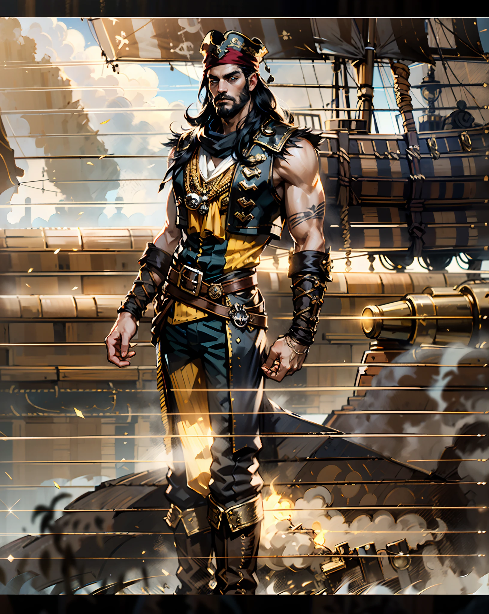 A middle-aged man with long black hair, medium length hair, wears a small round felt hat on his head, he has a cunning and sharp gaze, a beard, a tall and imposing figure, a fantasy-style pirate coat, sleeveless, exquisite stripes, a large skull pattern, has a golden sash around his waist, a leather belt with bone decorations, long gloves with metal ornaments, two-tone utility pants, knee-high leather boots, primarily in shades of black, accented by touches of red and yellow, he stands proudly at the bow of a massive pirate ship, this character embodies a finely crafted fantasy-style pirate in anime style, characterized by an exquisite and mature manga illustration art style, high definition, best quality, highres, ultra-detailed, ultra-fine painting, extremely delicate, professional, anatomically correct, symmetrical face, extremely detailed eyes and face, high quality eyes, creativity, RAW photo, UHD, 8k, Natural light, cinematic lighting, masterpiece:1.5