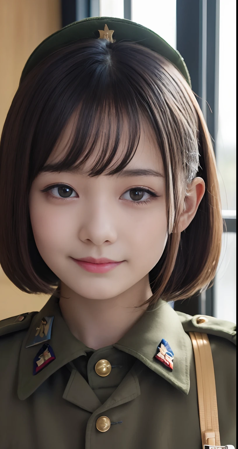 (top-quality、​masterpiece:1.2)、Best Quality、realisitic、photoshot、hight resolution、1080p、8K、Textured skin、Physical Rendering、1 Japan 、girl with、High 、kawaii、Young Face、Farbe々Hairstyle、(military outfits:1.5)、troop、Cone、full of shyness、smil、Big