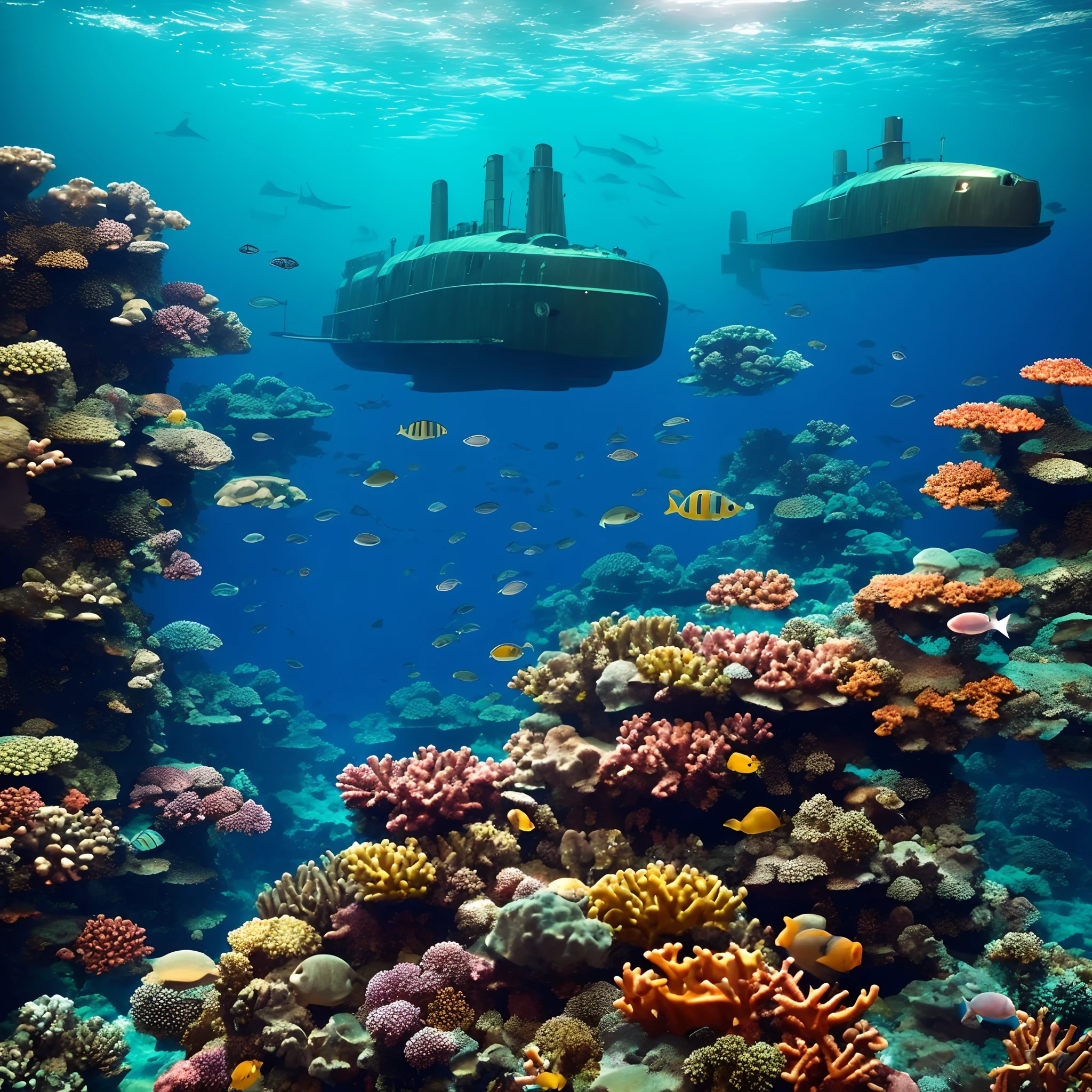 Generate an underwater scene with an ancient submarine exploring a vibrant coral reef full of exotic marine life.