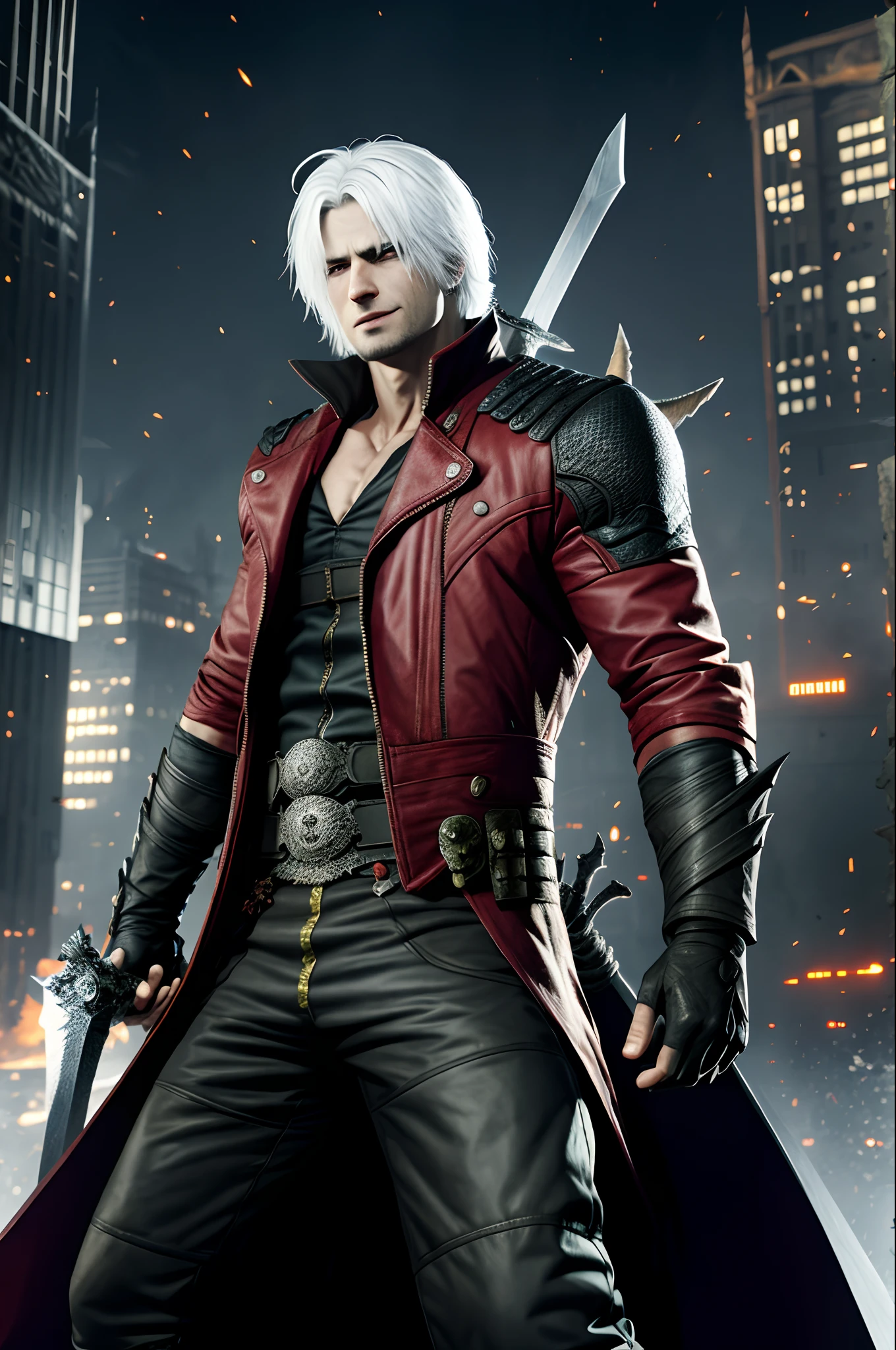 masterpiece, best quality, 1boy, dante, white hair, open clothes, coat, fingerless gloves, belt, city, detailed eyes, destroyed buildings, destruction, (night:1.4), smiling, natural light,war, angry eyes, looking ahead, male focus, muscles, movie composition, deth of field, bokeh (demons on the background:1.2) , (sword:1.2), fighting pose, explosions, upper