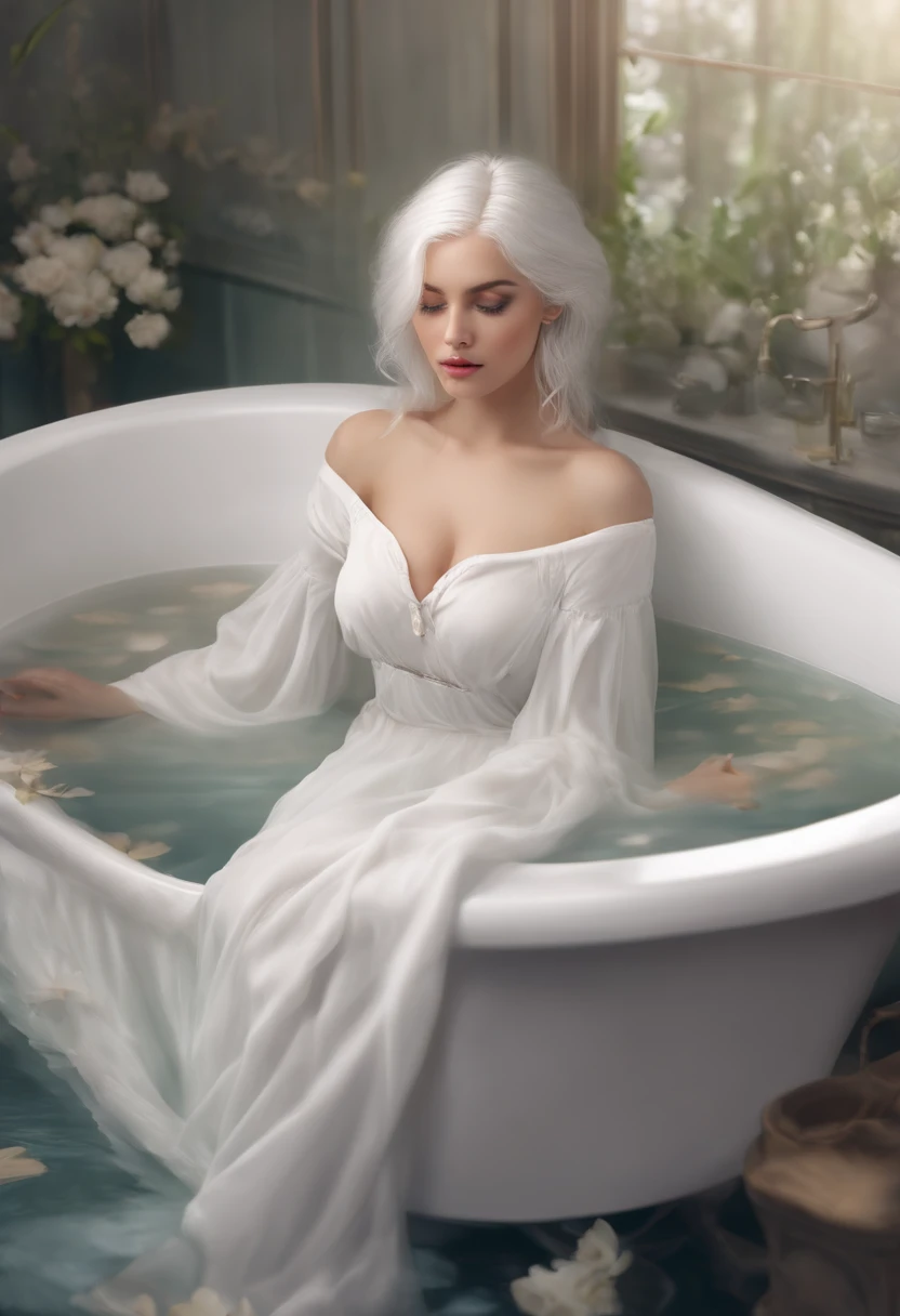 nsfw, ((1girl)), ((masterpiece)), realistic, ((highly detailed:1.3)), beautiful elf princess bathing in a marble tub, ((very long blonde hair)), wet hair, wearing a sheer bathrobe, clothed bathing, ivorygoldai, royal palace bathroom setting, steam, ornate marble tub, (rose petals floating in water:1.3), early morning light, windows, crepuscular lighting