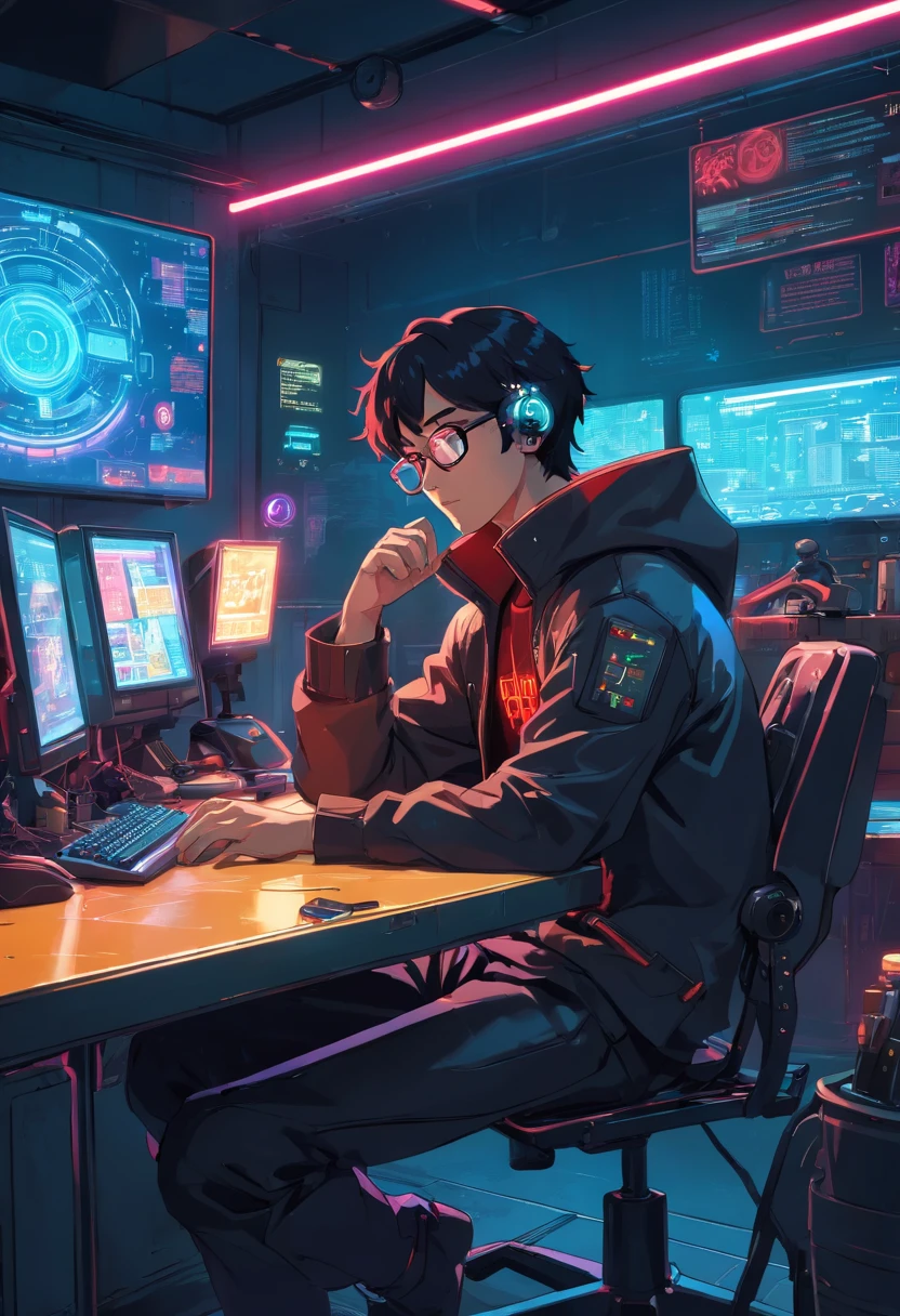 primitive, wide angles, Man with glasses sits on chair in front of futuristic computer screen in bright café., 30-years old,Red-black skin, Black hair, Wavy Hair,shoulder-length hair,Software Development Engineer.,Bear typography,small beard,Black T-shirt,Black pants,white lab coat, The coffee cup is placed on the table., Displaying star information, hardware, Bright environment, neon light, ((Cyberpunk Personality))