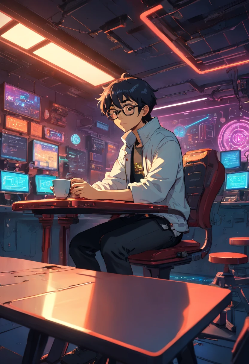 primitive, wide angles, Man with glasses sits on chair in front of futuristic computer screen in bright café., 30-years old,Red-black skin, Black hair, Wavy Hair,shoulder-length hair,Software Development Engineer.,Bear typography,small beard,Black T-shirt,Black pants,white lab coat, The coffee cup is placed on the table., Displaying star information, hardware, Bright environment, neon light, ((Cyberpunk Personality))
