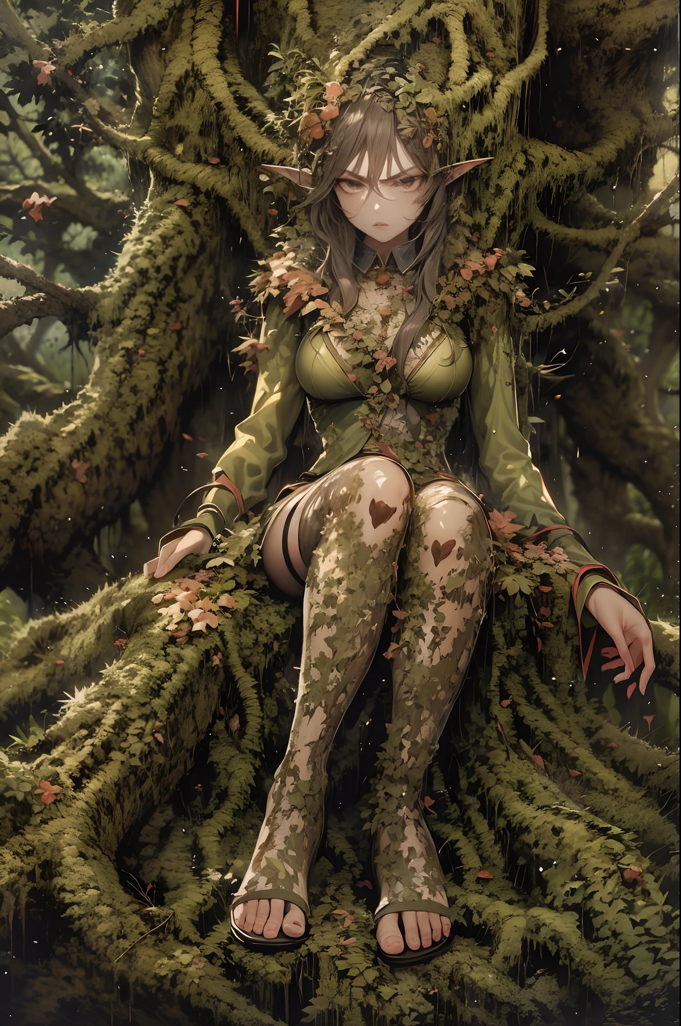 angry dryad in the forest. poisoned oak. highly detailed face, detailed eyes. Full body, sitting on her tree. clothes made from leaves and bark.