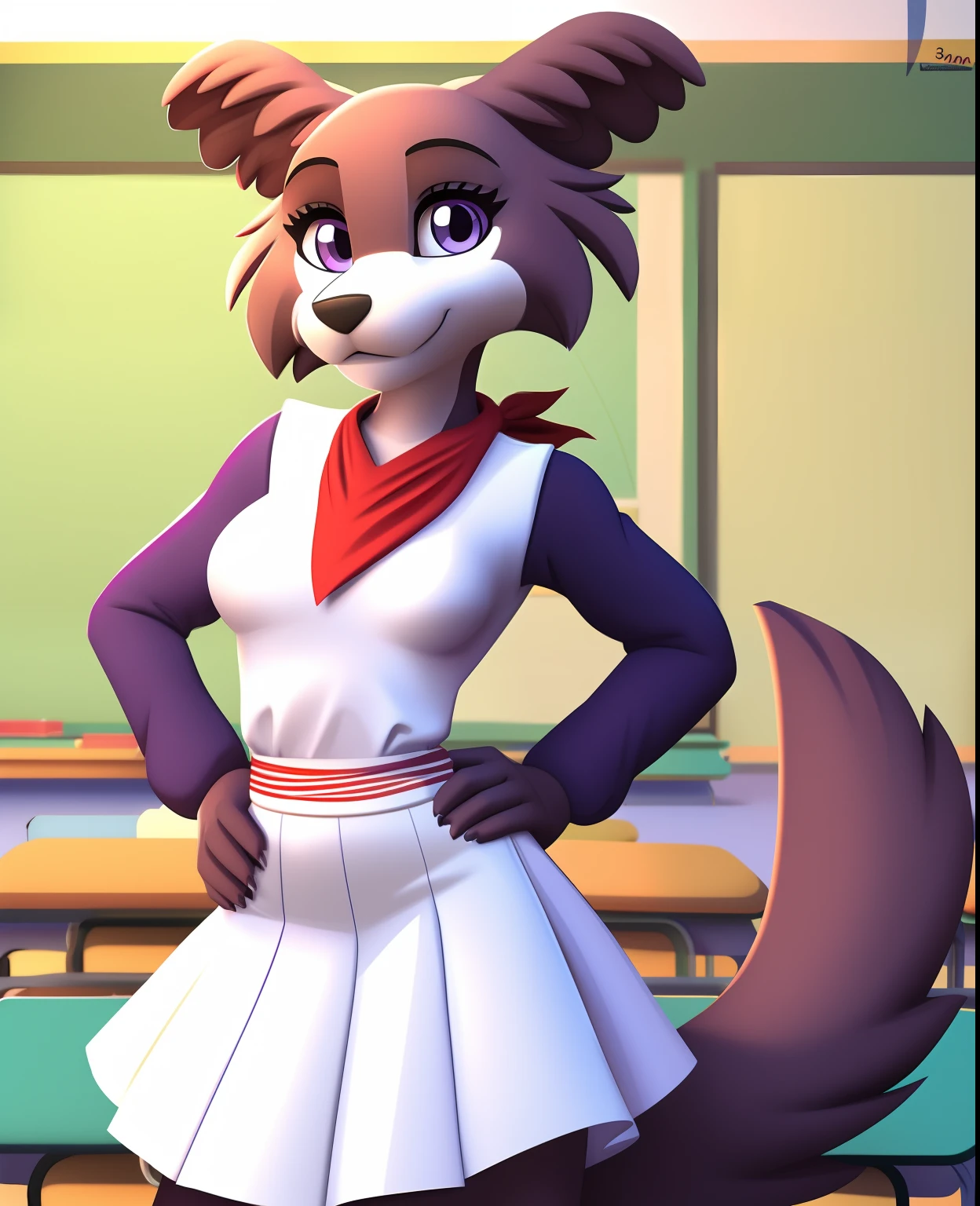 furry anthro juno, medium breasts, junouniform, white clothing, long skirt, long sleeves, neckerchief, solo, full body, tail, countershading, (best quality, masterpiece:1), standing, sexy pose, purple eyes, looking at viewer, (school classroom background:1.1), octane render