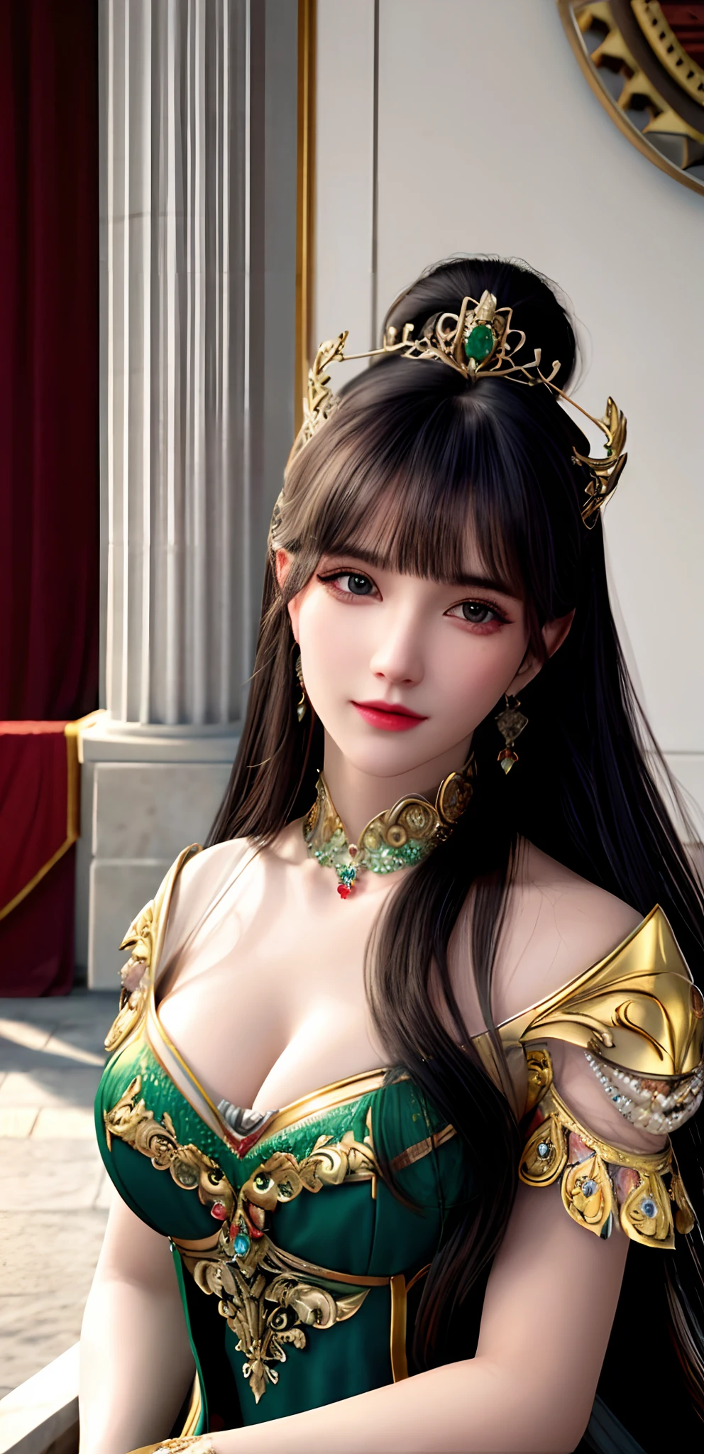 (realisticity: 1.2), best quality, 8K UHD, masterpiece, highres,cg,
1 super detailed girl, super detailed queen, beautiful face, big breasts
, sitting on a super detailed royal throne, lud, xurious royal palace background, beautiful and detailed, super detailed long hair, wearing a beautiful and luxurious crown with diamonds and super detailed,
super detailed dress, Super detailed dress sleeves, super detailed beautiful earrings,
solo, jewelry, super detailed red and green dress, pretty face, beautiful, and super detailed,
, earrings, super detailed hairdo, splashing, the upper body is very super detailed, super detailed hair bun, super detailed black hair,
lighting,candid,Photograph,high resolution,4k,8k,Bokeh,