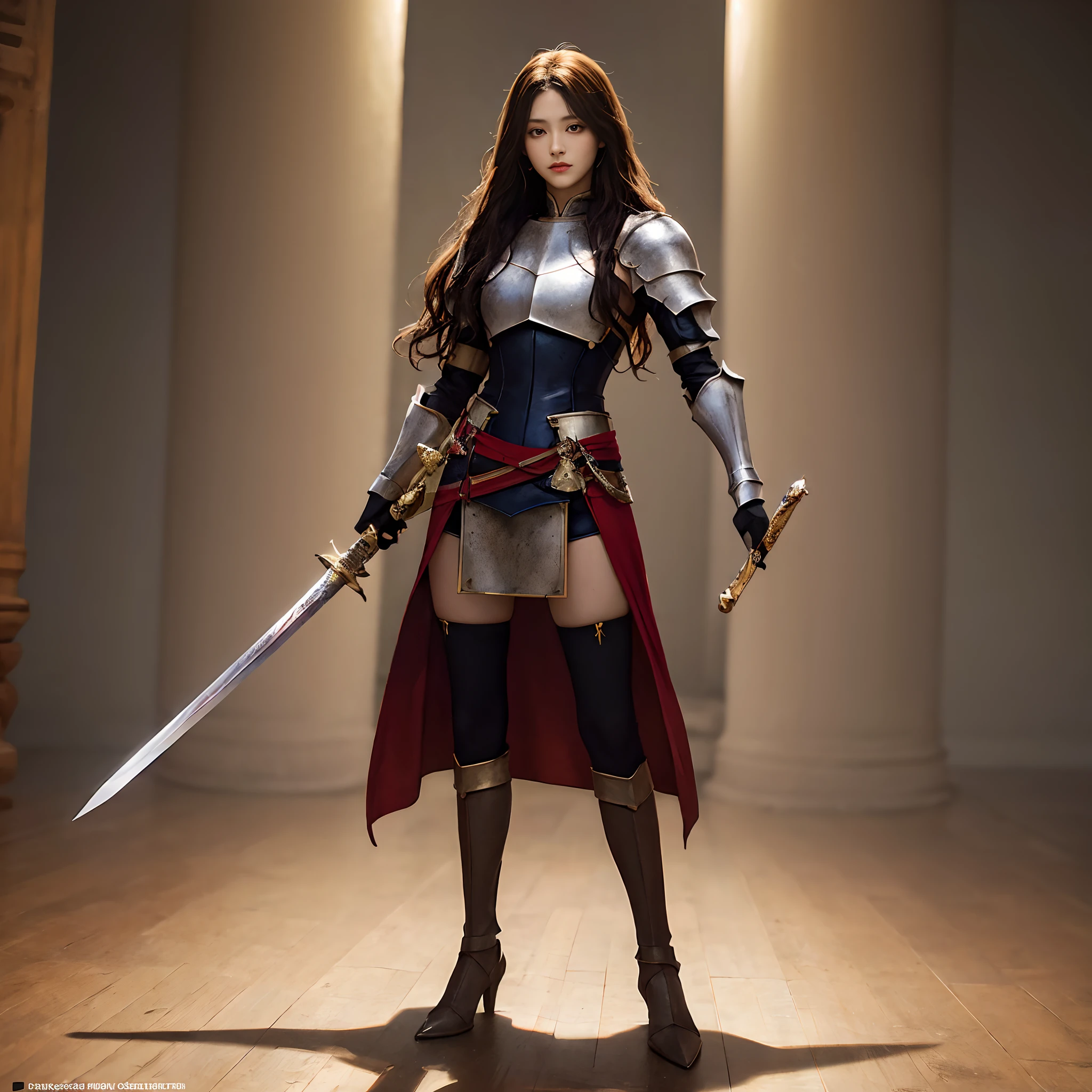 Beautiful Knight, long hair, (masterpiece), best quality, expressive eyes, perfect face, sword pose, full body shot