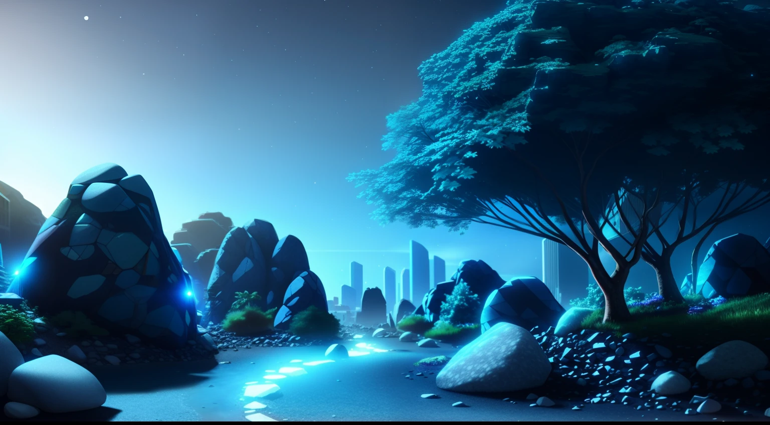 Abandoned city at night, Beautiful nature, the trees, rocks, Cool Blue Light, 8K, Realistic