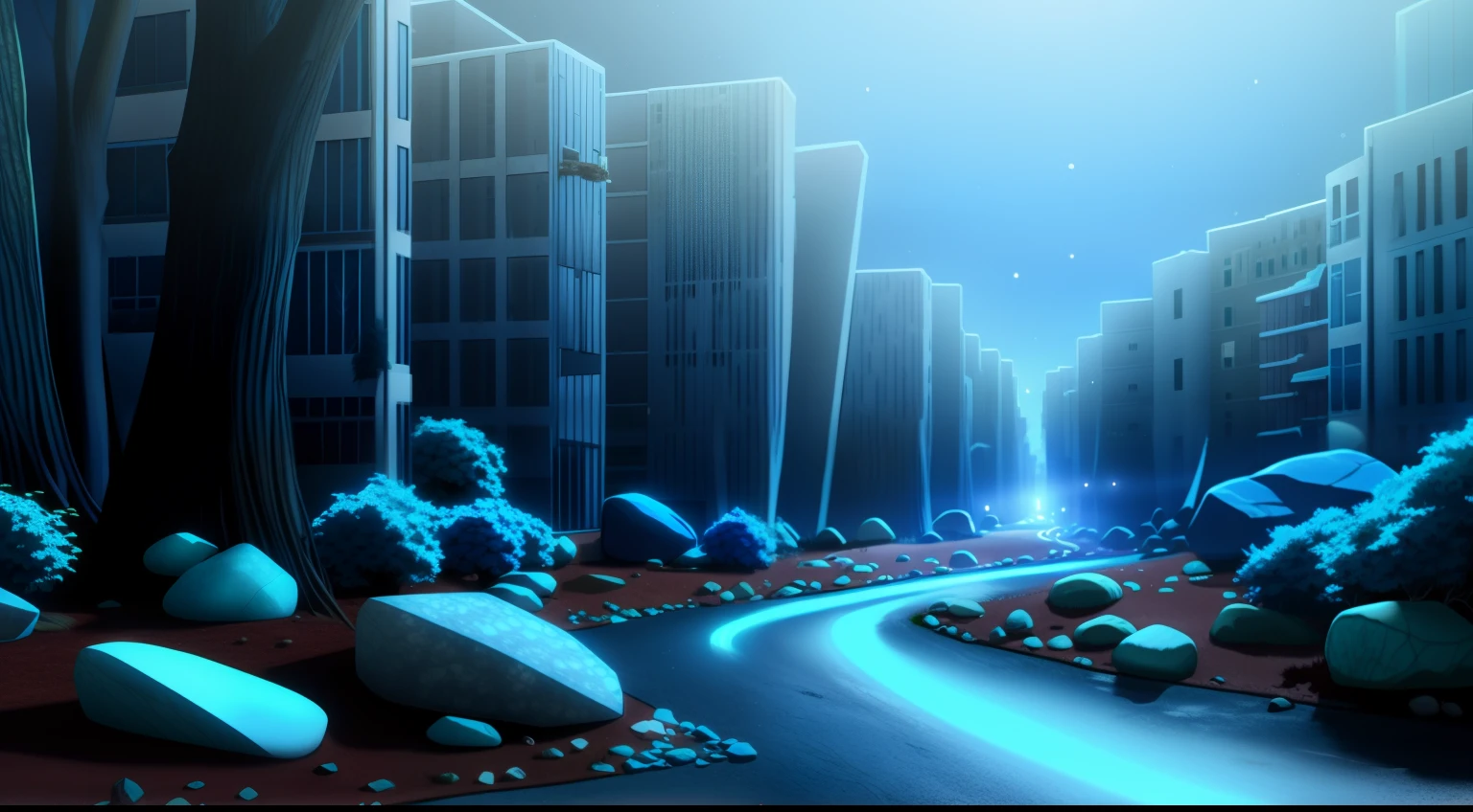 Abandoned city at night, Beautiful nature, the trees, rocks, Cool Blue Light, 8K, Realistic