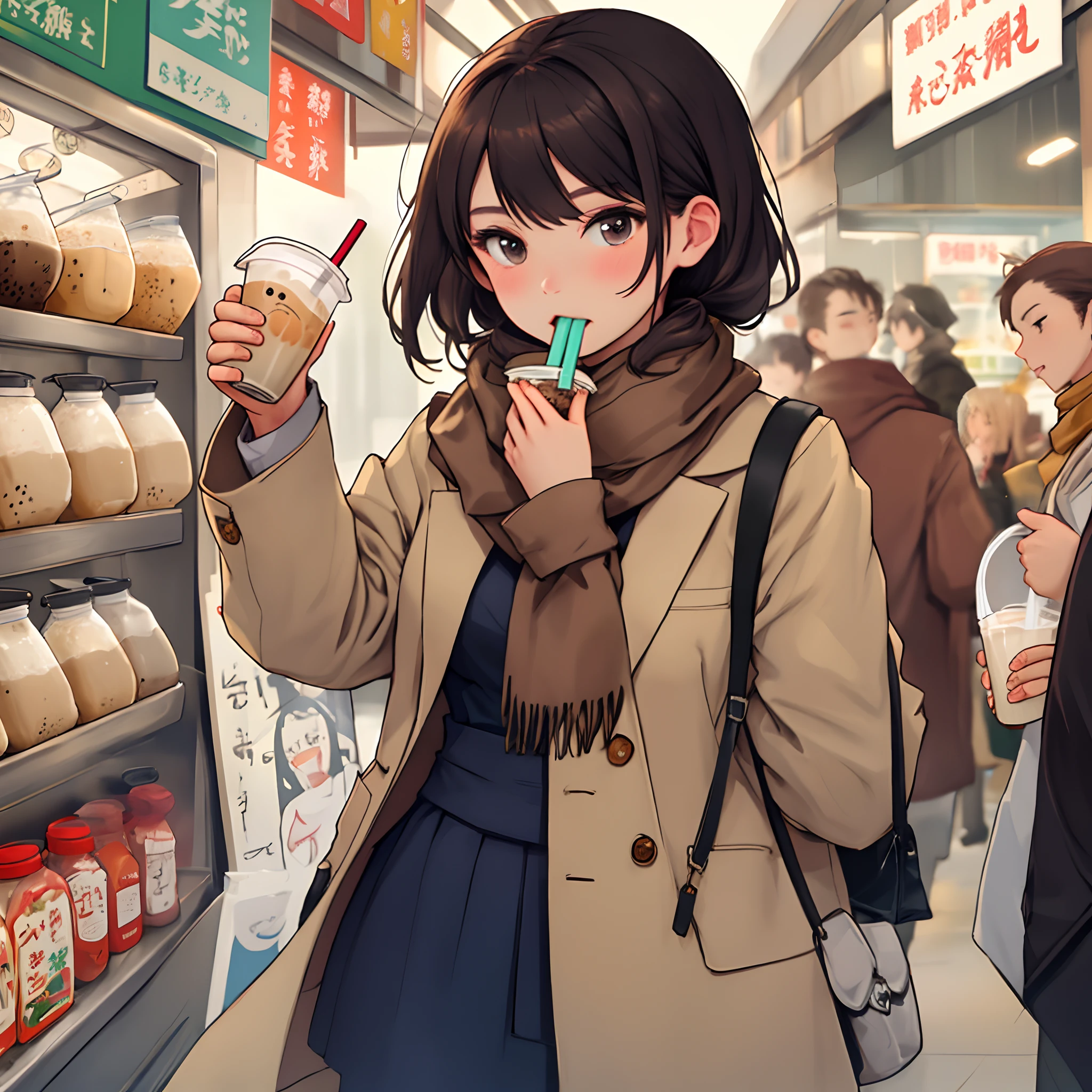 one-girl,Wear a scarf,drinking milktea