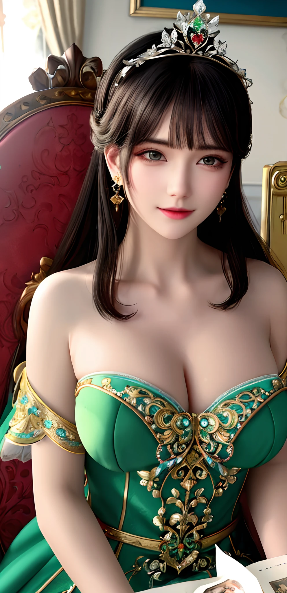 (realisticity: 1.2), best quality, 8K UHD, masterpiece, highres,cg,
1 super detailed girl, super detailed queen, beautiful face, big breasts
, sitting on a super detailed royal throne, lud, xurious royal palace background, beautiful and detailed, super detailed long hair, wearing a beautiful and luxurious crown with diamonds and super detailed,
super detailed dress, Super detailed dress sleeves, super detailed beautiful earrings,
solo, jewelry, super detailed red and green dress, pretty face, beautiful, and super detailed,
, earrings, super detailed hairdo, splashing, the upper body is very super detailed, super detailed hair bun, super detailed black hair,
lighting,candid,Photograph,high resolution,4k,8k,Bokeh,