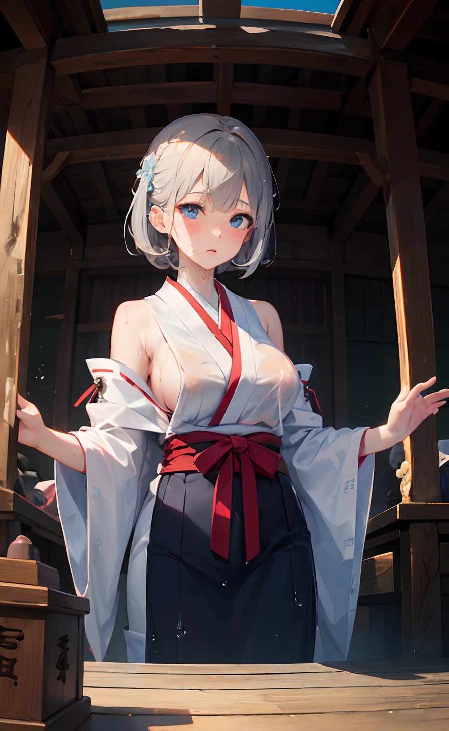 masterpiece,Top image quality,hight resolution,imagem 4k,Raw photo,Photorealsitic,{Solo},teens girl,Embarrassment,Silver Shorthair,frontage,stare at each other,Wet,Blue eyes,shrine maiden,Big breasts,praying posture