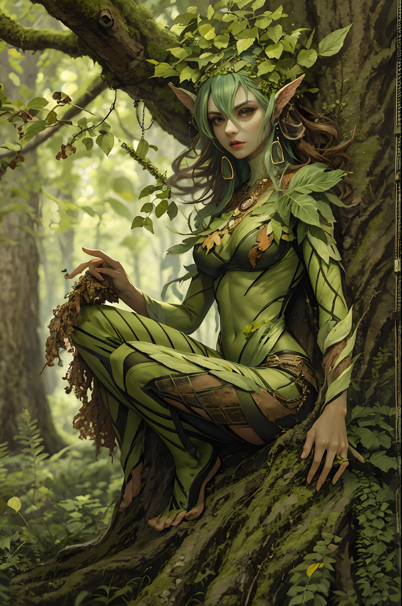 angry dryad in the forest. poisoned oak. highly detailed face, detailed eyes. Full body, sitting on her tree. clothes made from leaves and bark.