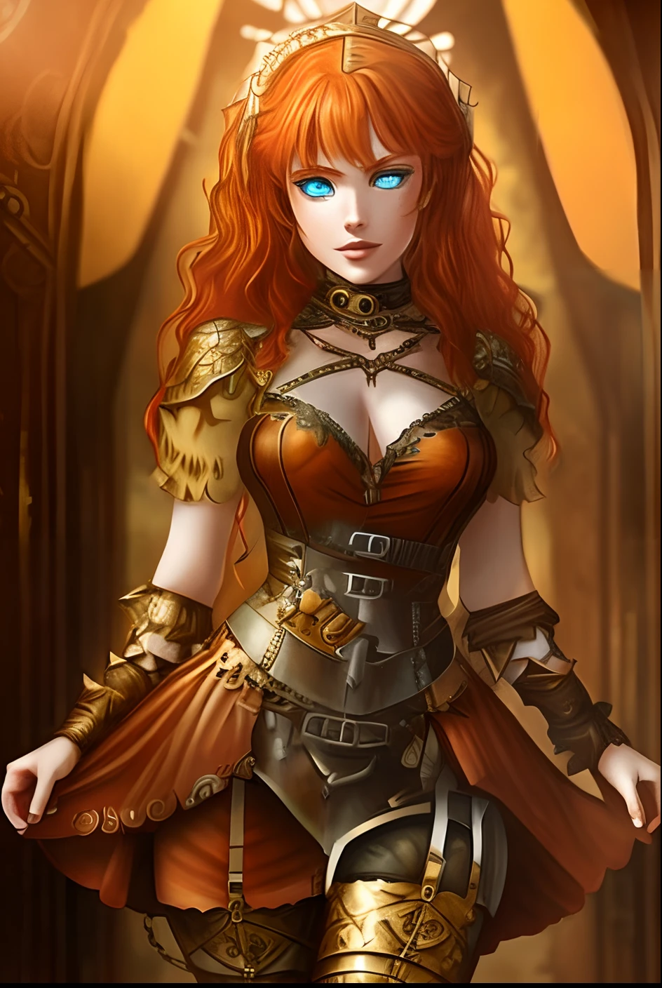 1girl, armoured knight, luxurious ginger hair, metal plates, post apocalypse, steampunk
