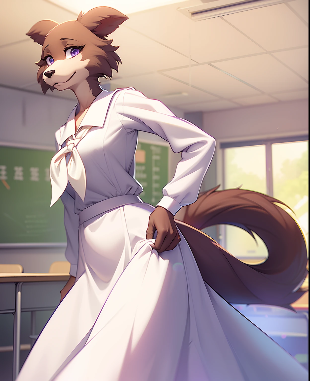 furry anthro juno, medium breasts, junouniform, white clothing, long skirt, long sleeves, neckerchief, solo, full body, tail, countershading, (best quality, masterpiece:1), standing, sexy pose, purple eyes, looking at viewer, (school classroom background:1.1), octane render