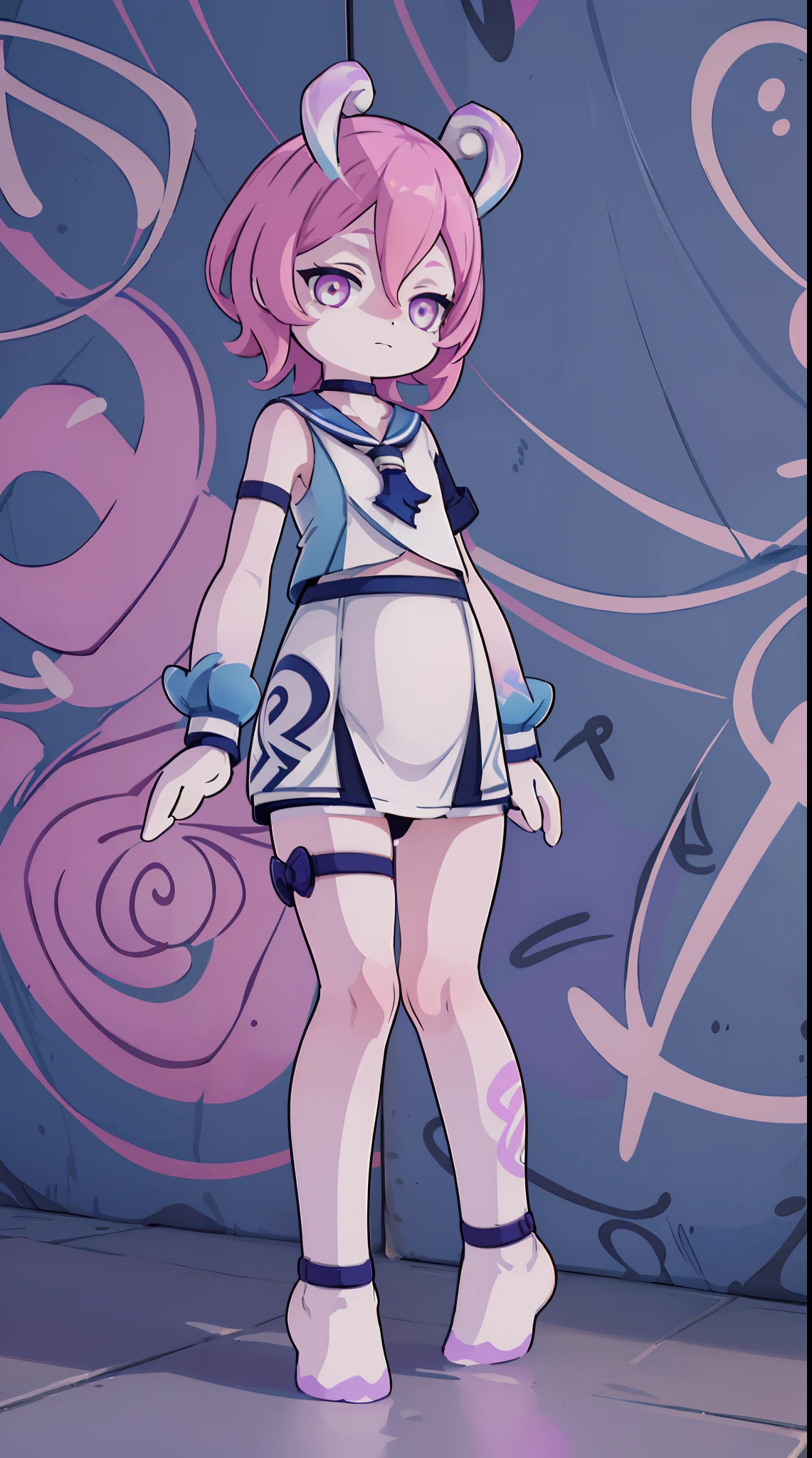 Melousine | genshin impact, master-piece, bestquality, 1girls,25 years old, proportional body, elongated legs, proportional.,sailor suit, short skirt, mediuml breasts, ,bara, crop top, choker, (Graffiti:1.5), Splash with purple lightning pattern., arm behind back, against wall, View viewers from the front., Thigh strap, Head tilt, bored, 10, 10, HD, slight smile,