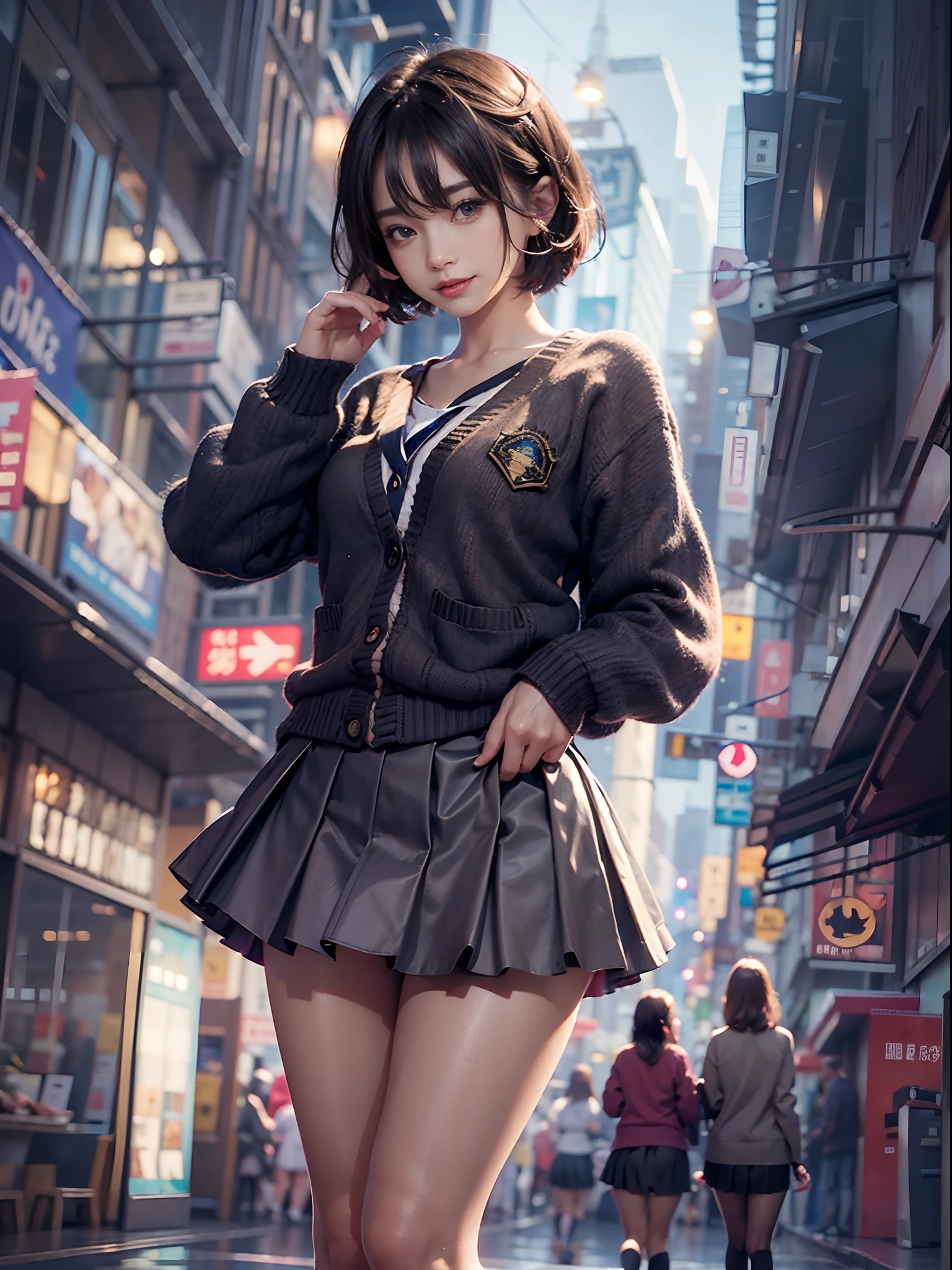 (((2females))), (((skirt rift:1.3))), (((lift skirt myself))), ((panties focus)), ((shool uniform)), ((Cardigan)), ((a miniskirt)), Modern old cityscape,  (NSFW), 24 year old, 7headed body, (cute  face), (Ideal ratio body proportions), (Composition from head to thigh), Smiling smile, erectile nipple, Sexy body, Wet, short-hair, Dark hair, small tits, A slender, Small buttocks, beauty legs, Skinny Legs, surrealism, Cinematic lighting, depth of fields, One-person viewpoint, F/1.8, 135 mm, nffsw, masutepiece, ccurate, ((Anatomically correct)), Textured skin, Super Detail, high details, High quality, awardwinning, Best Quality, hight resolution, 8K