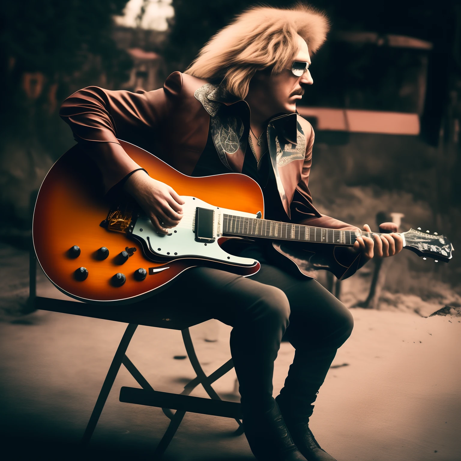 80s rocker man holding a guitar