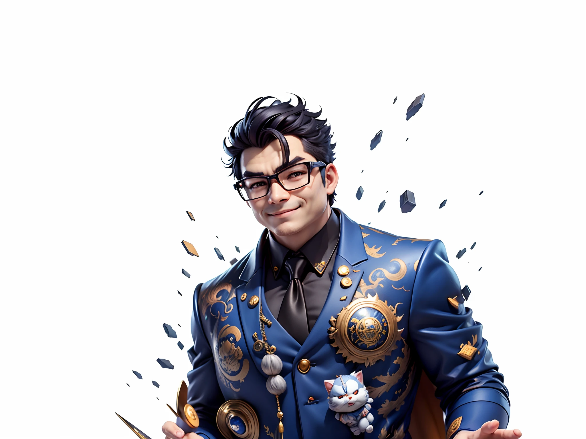 (Masterpiece), (Extreme Quality), (Super Meticulous), (Full Body: 1.2), Super Young Man, Chinese Dragon, Tiger, Wind God Thor, Sexy, Bursting, Oriental Face, TV Anchor, Bust Portrait Illustration, Black Formal Suit, Blue Tie, Slightly Chubby Face, Silver Glasses, Very Clean Face, No Beard on Chin, Black Super Short Hair, Black Eyes, Confident Smile, 3c Computer Sub-Products, iPad, iPhone, Digital Painting, 3D Character Design by Mark Claireden and Pixar and Hayao Miyazaki and Akira Toriyama, The illustration is a high-definition illustration in 4K resolution with very detailed facial features and cartoon-style visuals.