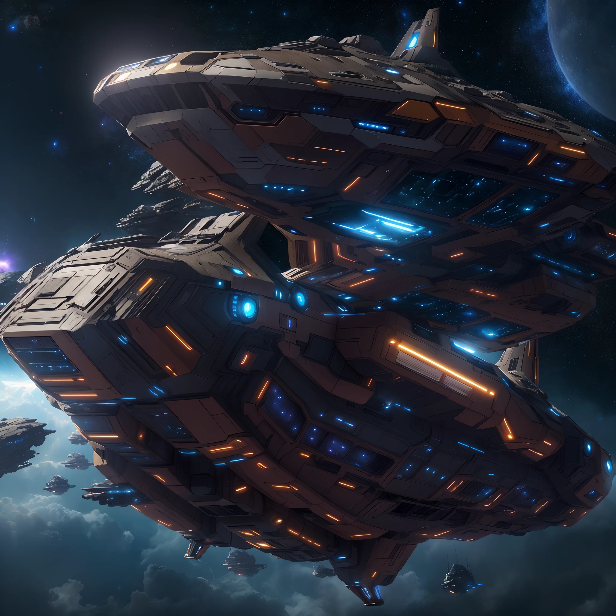 A huge spaceship,full bodyesbian,Solo,Spaceships in the Avengers,seen from outside,(multiple lighting sources:1.5),Detailed hull details,Cosmic galaxy background,Escaped spaceship,((Best quality)), ((Masterpiece)), (Epic composition:1.2), (unreal 5 render:1.1)