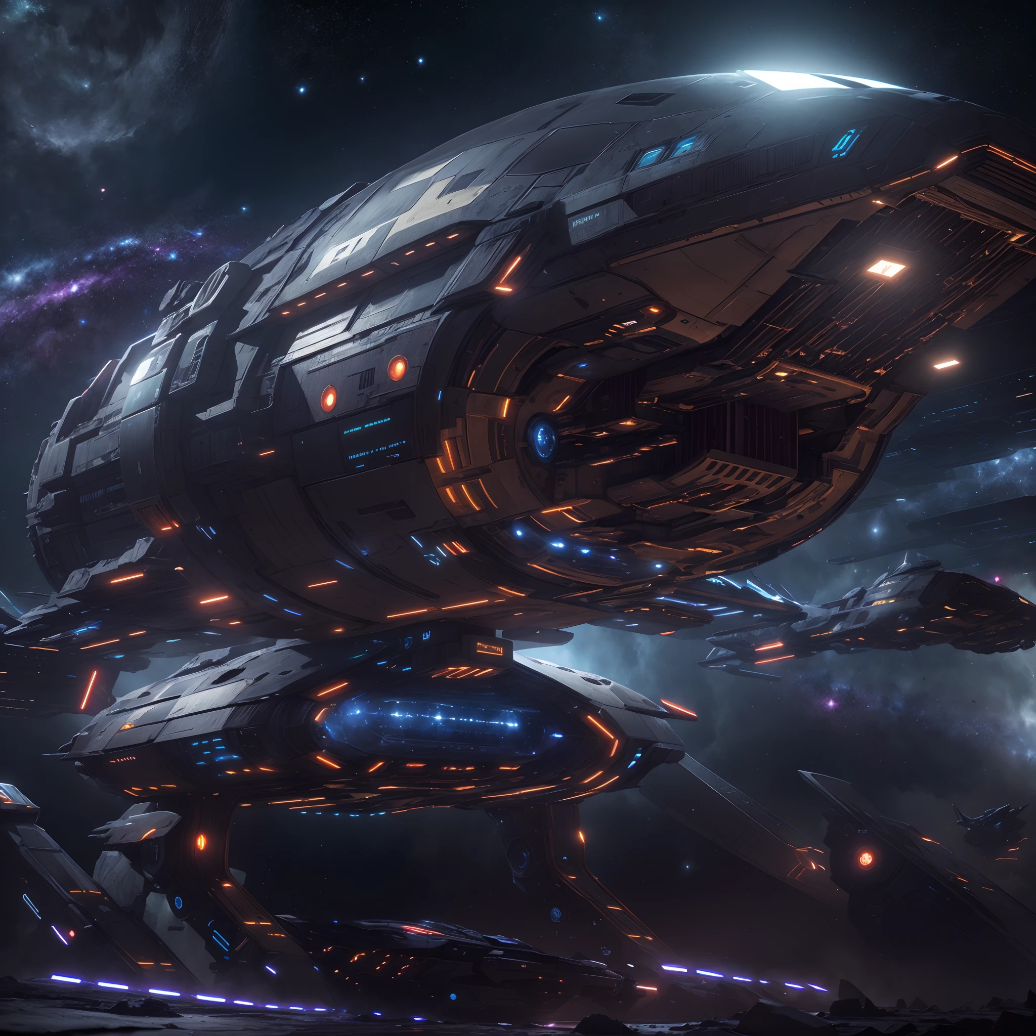 A huge spaceship,full bodyesbian，Solo，Spaceships in the Avengers，seen from outside，(multiple lighting sources:1.5),Detailed hull details,Cosmic galaxy background,Escaped spaceship,((Best quality)), ((Masterpiece)), (Epic composition:1.2), (unreal 5 render:1.1)
